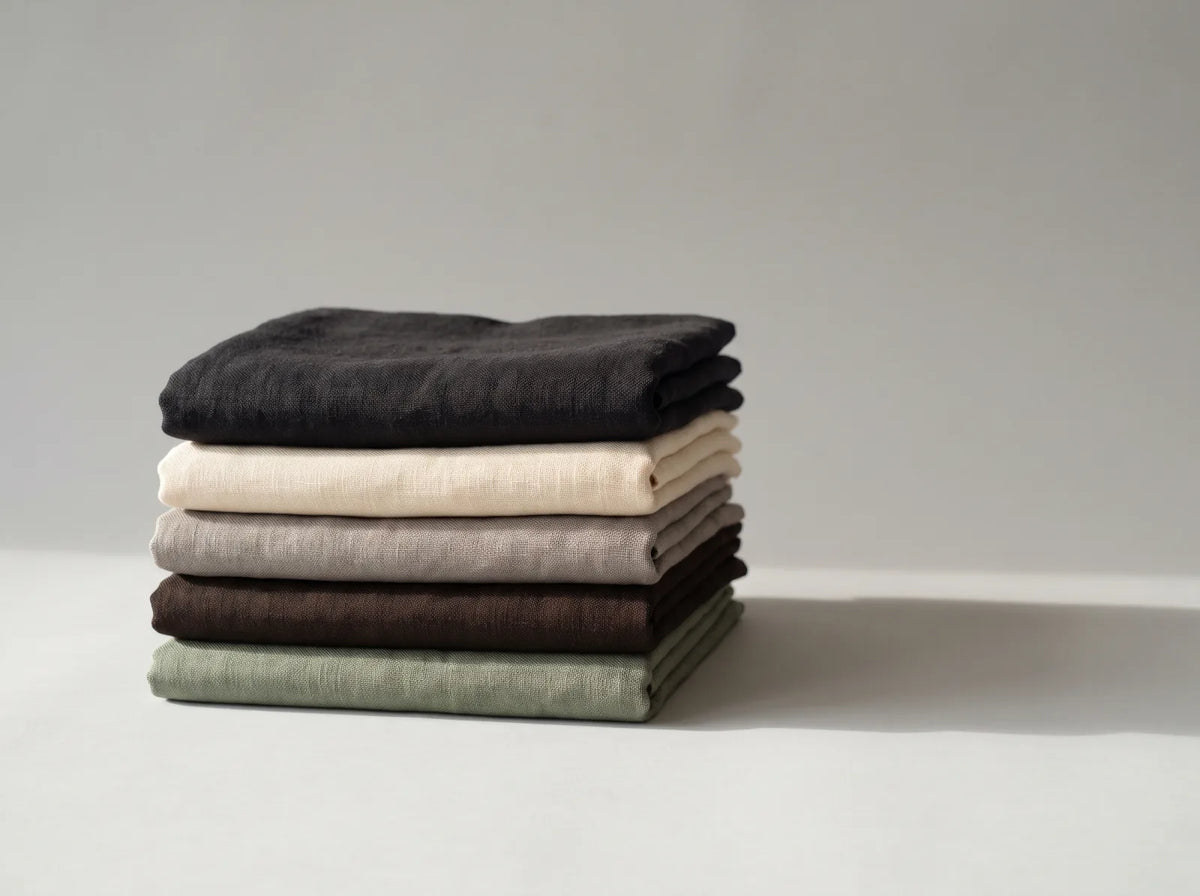 A neat stack of five folded hijabs in black, cream, stone grey, dark brown and sage