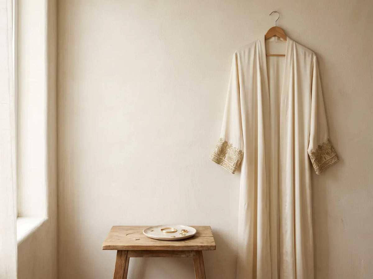 An ivory abaya with embroidered cuff detail on a hanger beside a tray of gold jewellery