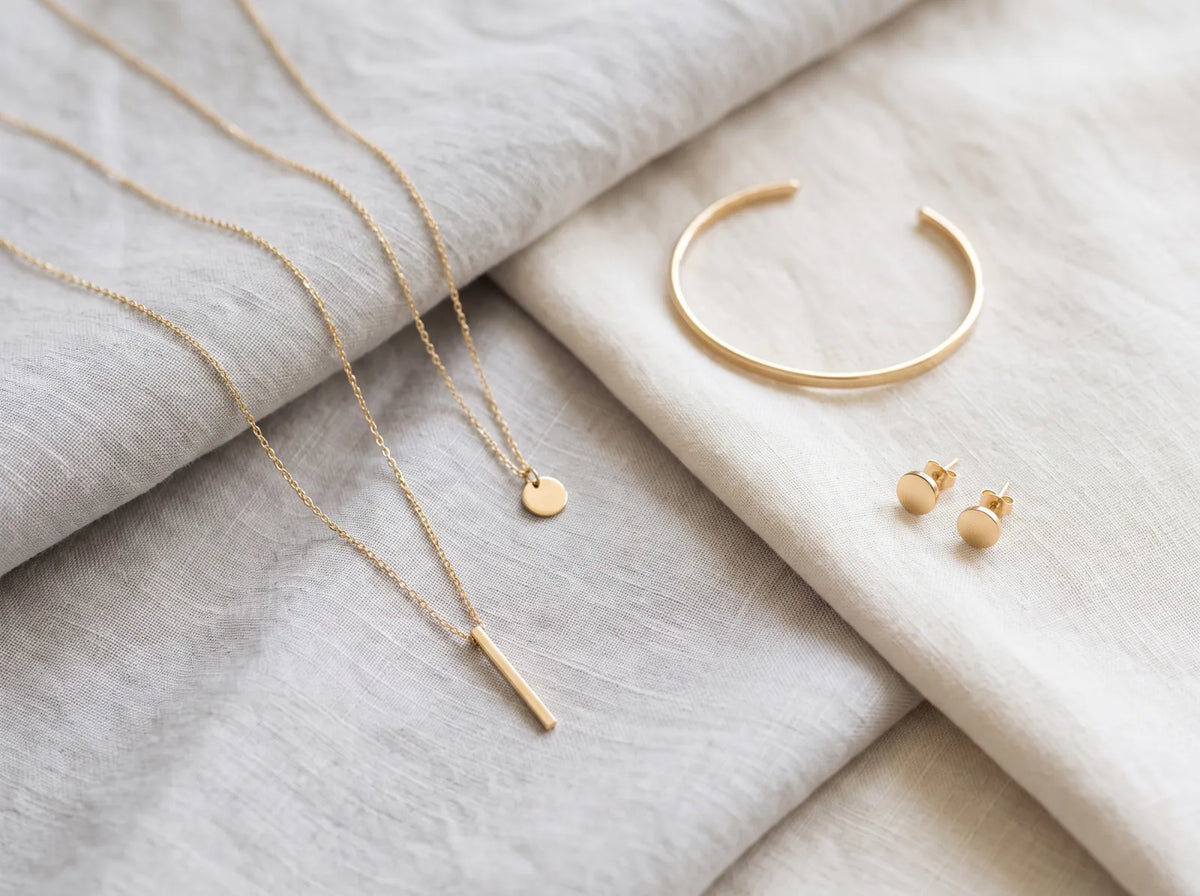Fine gold necklaces, a cuff bracelet and studs arranged on folded natural linen