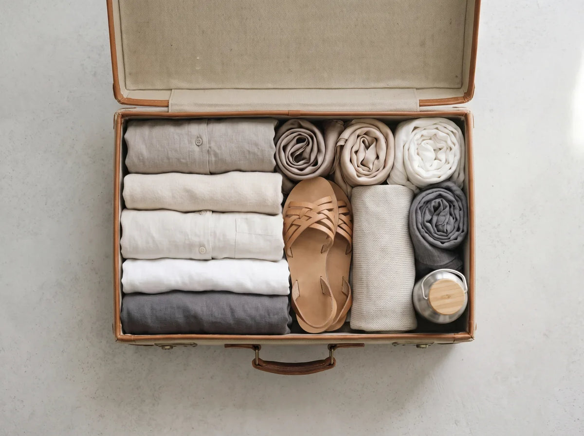 An open suitcase packed with folded neutral garments, rolled scarves and flat sandals