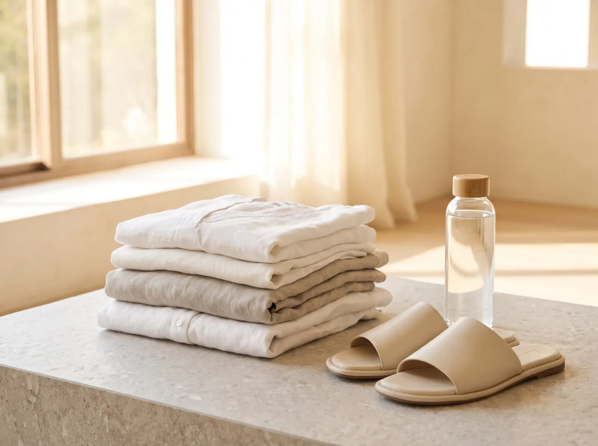 Folded white and stone Hajj garments with flat cushioned sandals and a water bottle