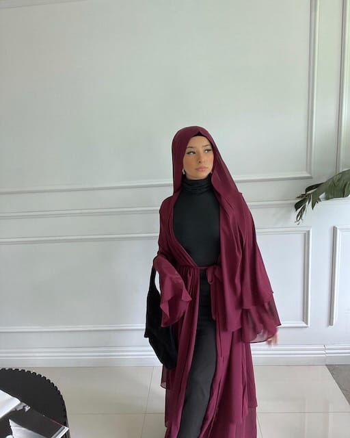 Aisha Abaya + Hijab - Maroon - Open Abaya - Fajr Noor