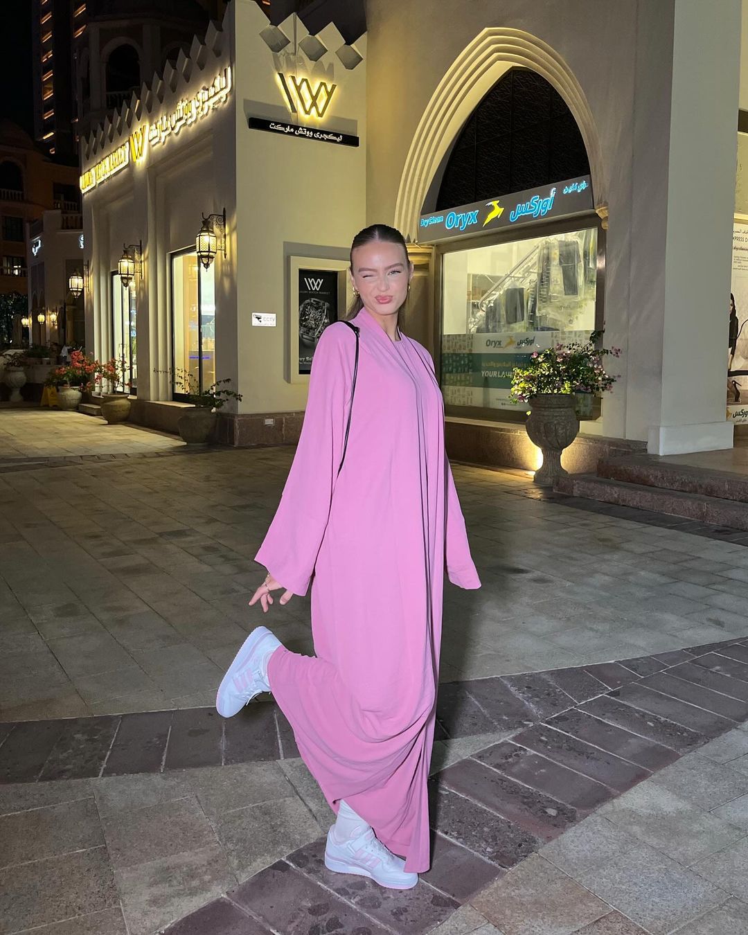 3PC Crinkle Abaya Set - Pink Open Abaya Fajr Noor