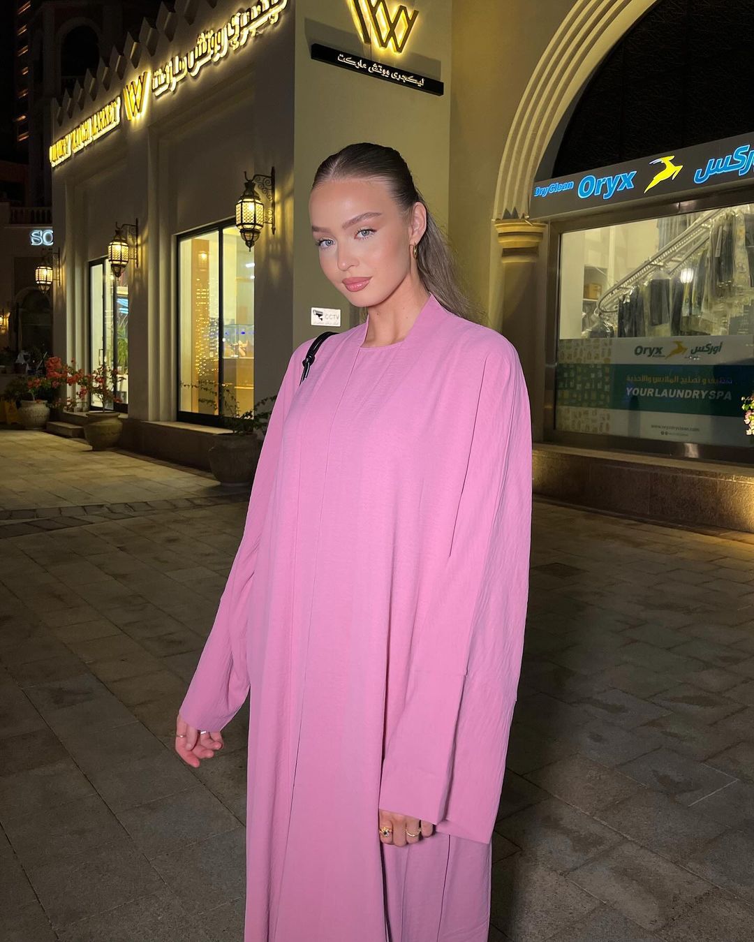 3PC Crinkle Abaya Set - Pink Open Abaya Fajr Noor