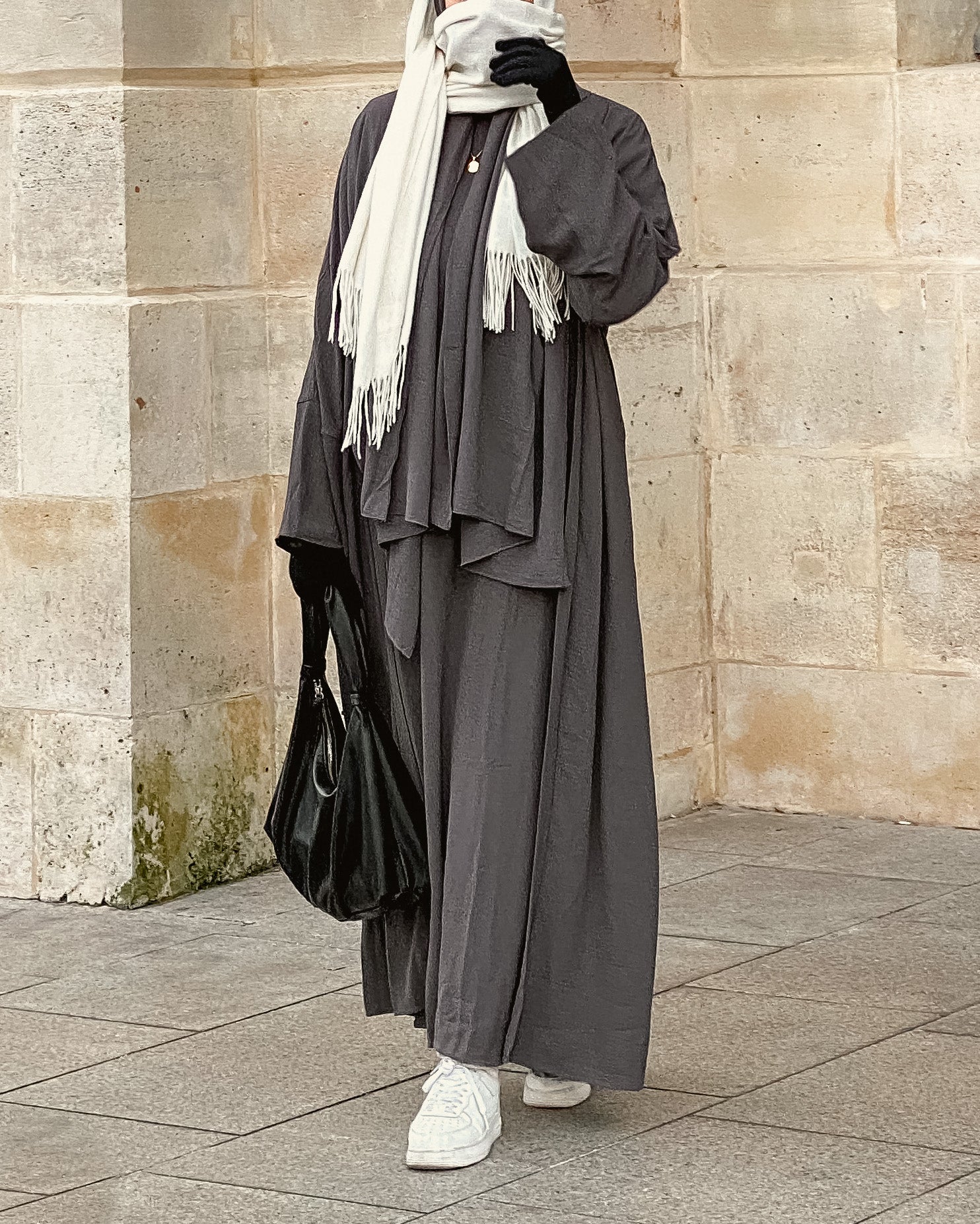 3PC Crinkle Abaya Set - Charcoal Open Abaya Fajr Noor
