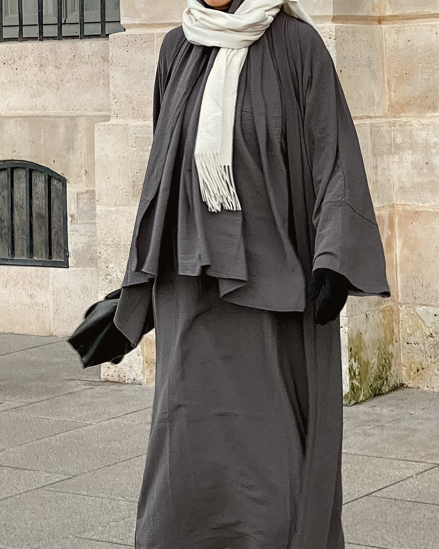 3PC Crinkle Abaya Set - Charcoal Open Abaya Fajr Noor