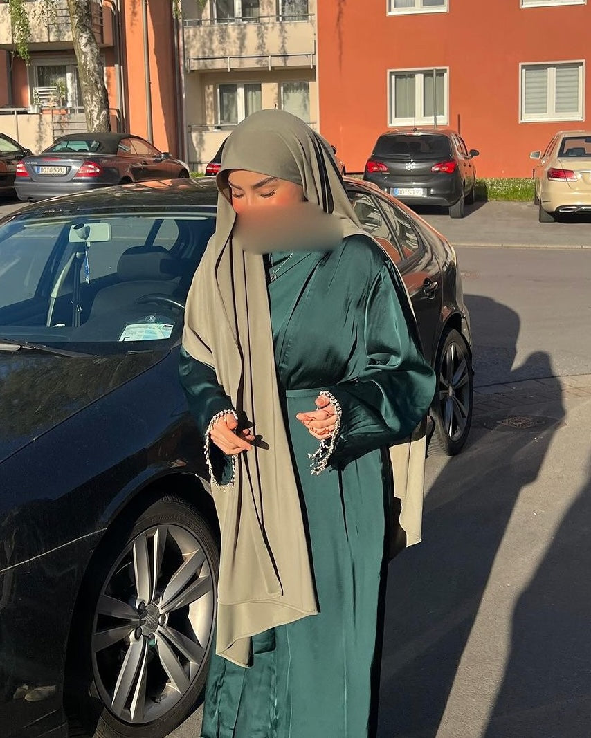 2PC Malika Satin Abaya Set - Emerald Satin Abaya Fajr Noor