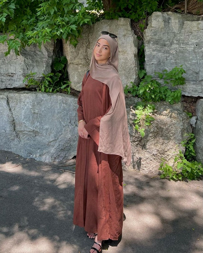 2PC Aya Linen Abaya Set - Coffee Linen Abaya Fajr Noor