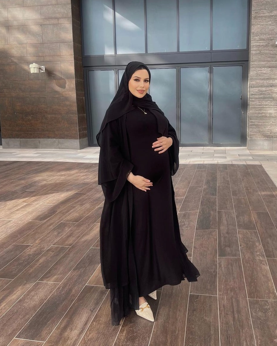 3PC Crinkle Abaya Set - Black Open Abaya Fajr Noor