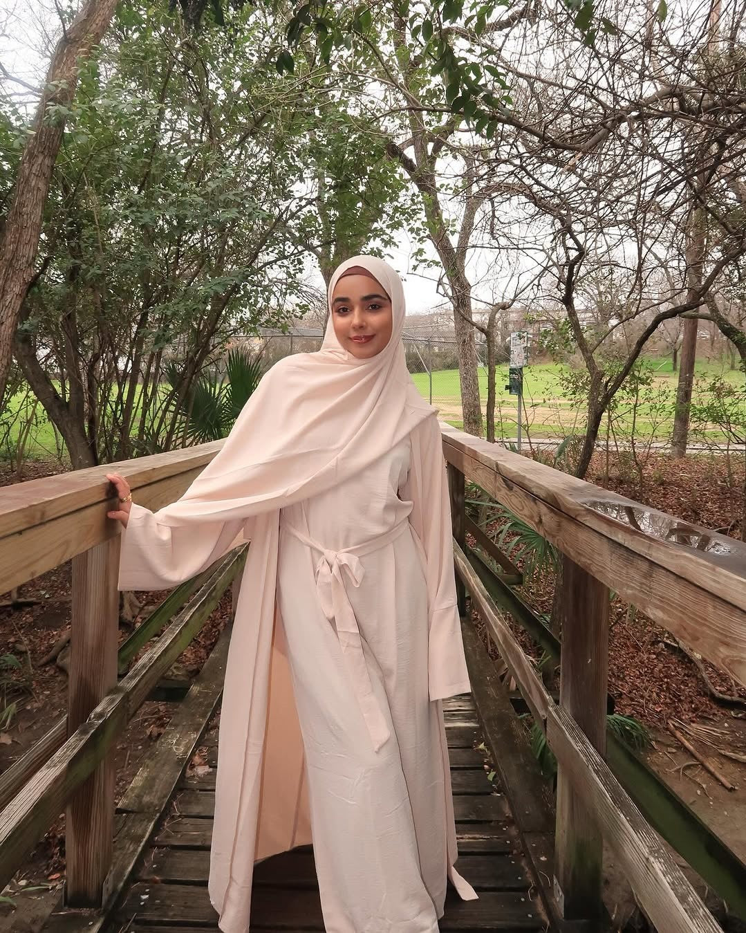 3PC Crinkle Abaya Set - Cream