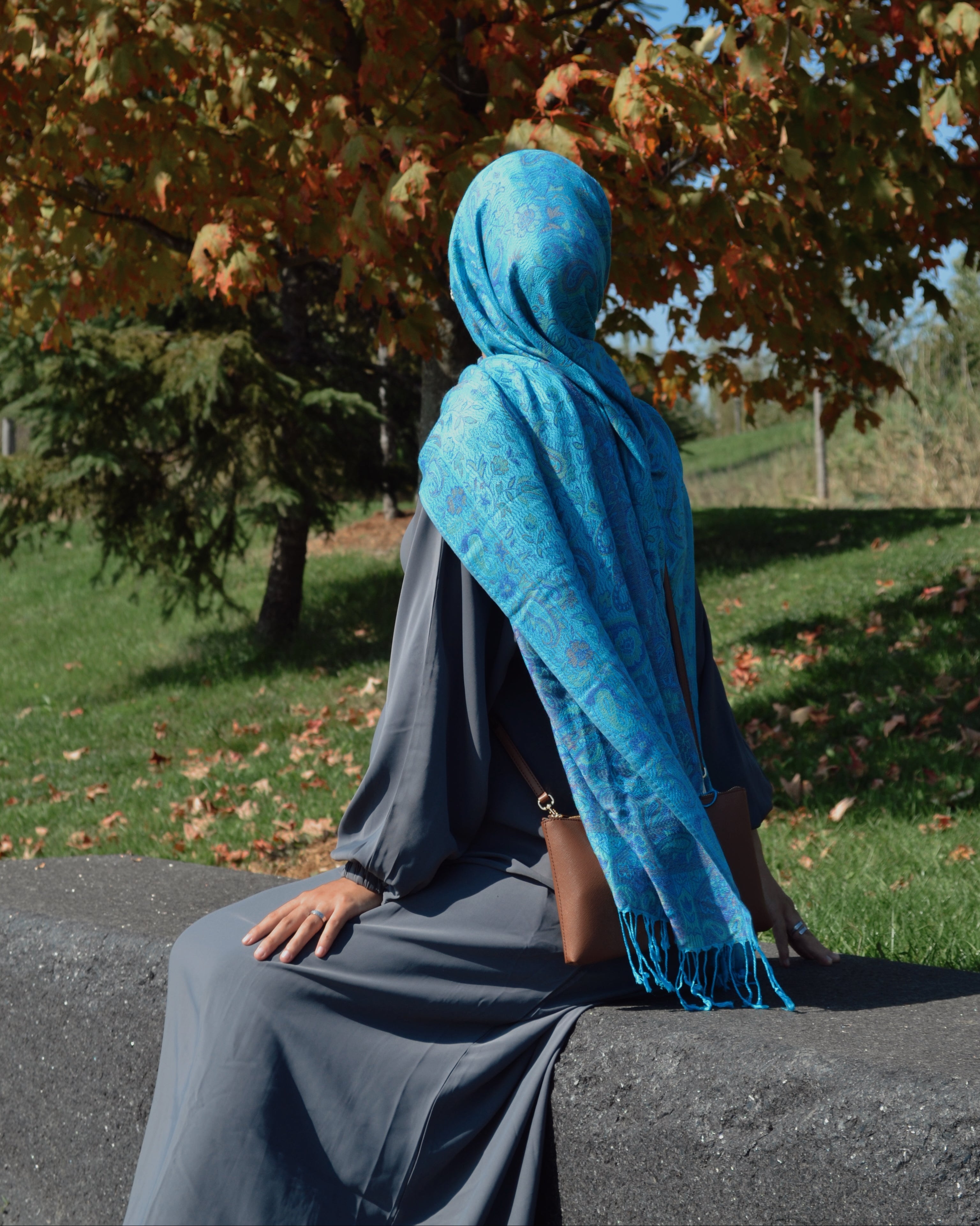 Person wearing a blue hooded garment sitting on a stone wall with autumn foliage in the background