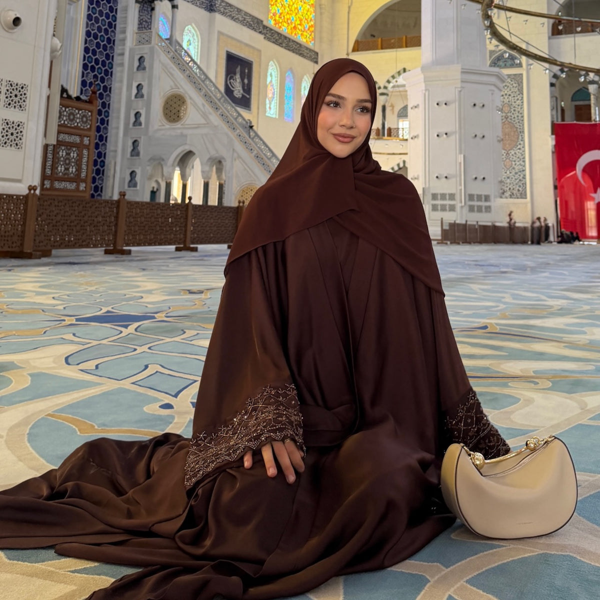 Silk Abaya Luxury in turkish mosque cute hijab in coffee colour @ervaarslan
