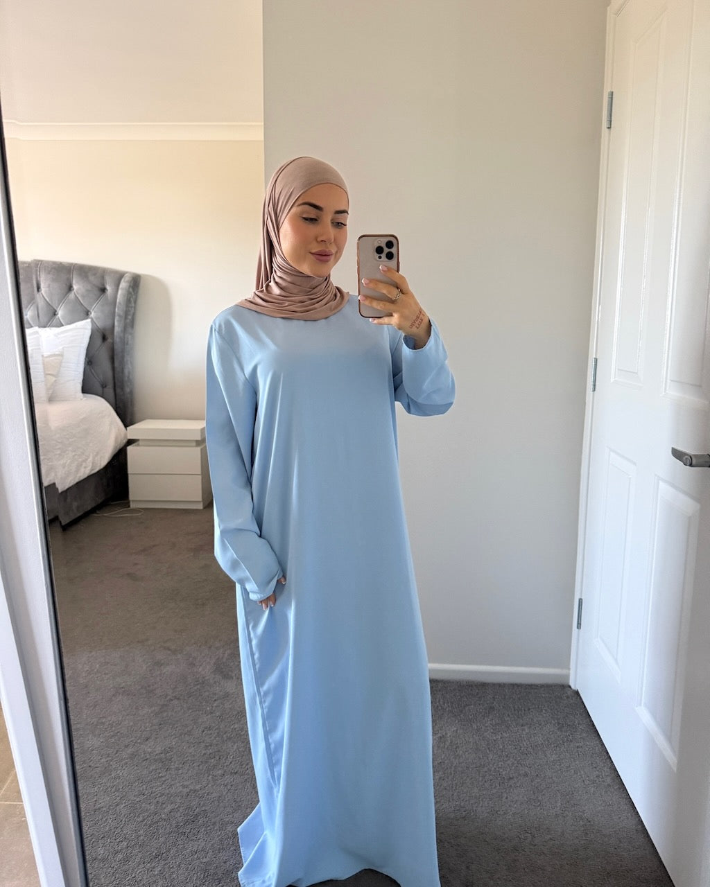 Sky Blue Essential Abaya with Nude Hijab and beautiful smiling model hijabi sydney australia iPhone Selfie