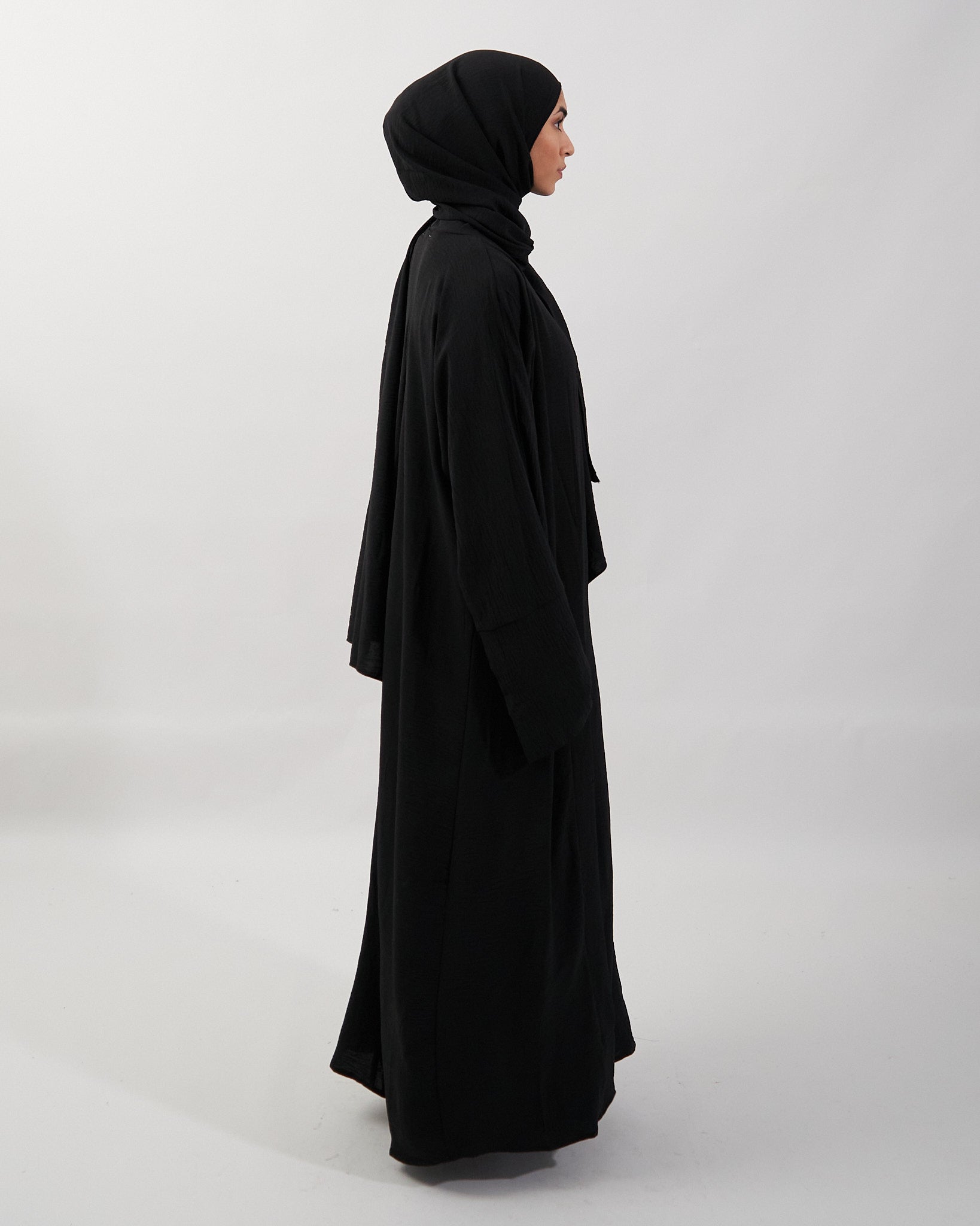 3PC Crinkle Abaya Set - Black Open Abaya Fajr Noor