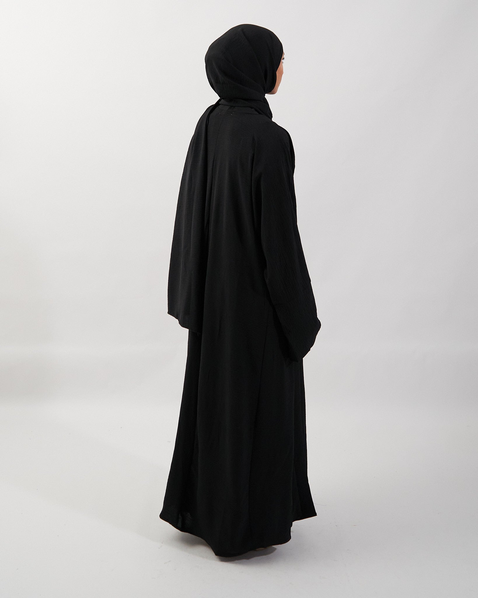 3PC Crinkle Abaya Set - Black Open Abaya Fajr Noor