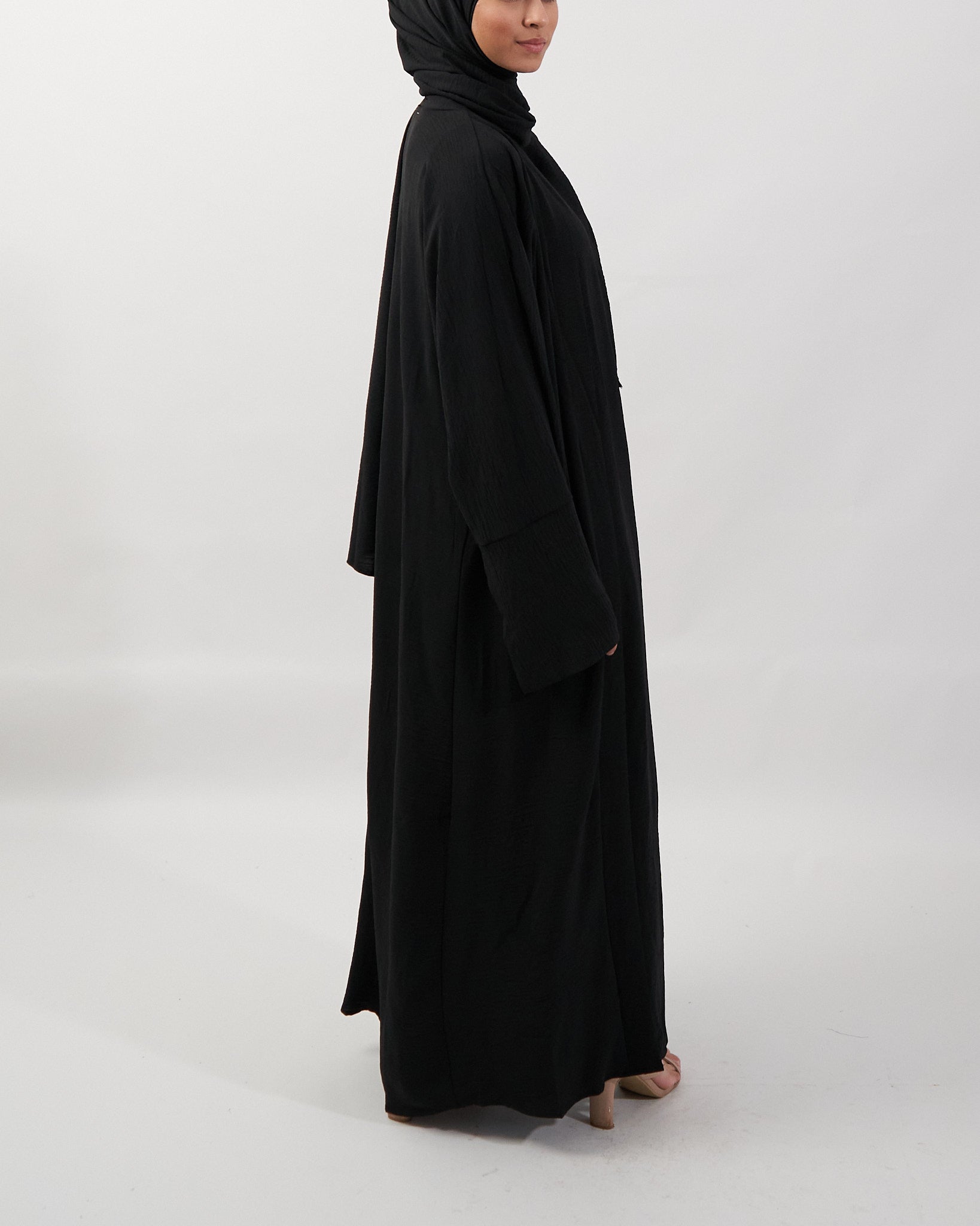3PC Crinkle Abaya Set - Black Open Abaya Fajr Noor