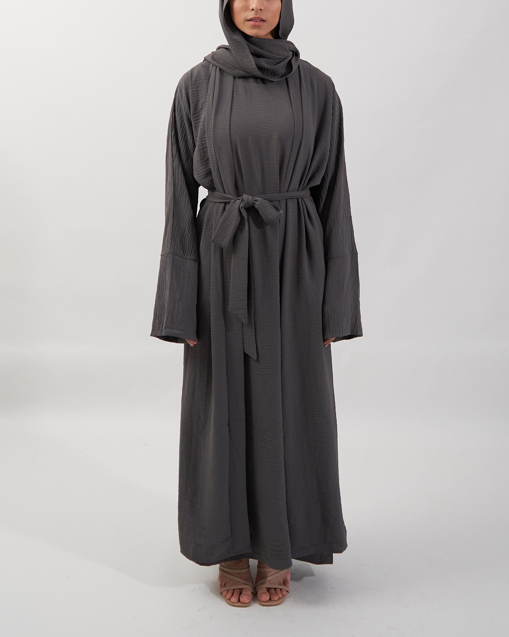 3PC Crinkle Abaya Set - Charcoal Open Abaya Fajr Noor