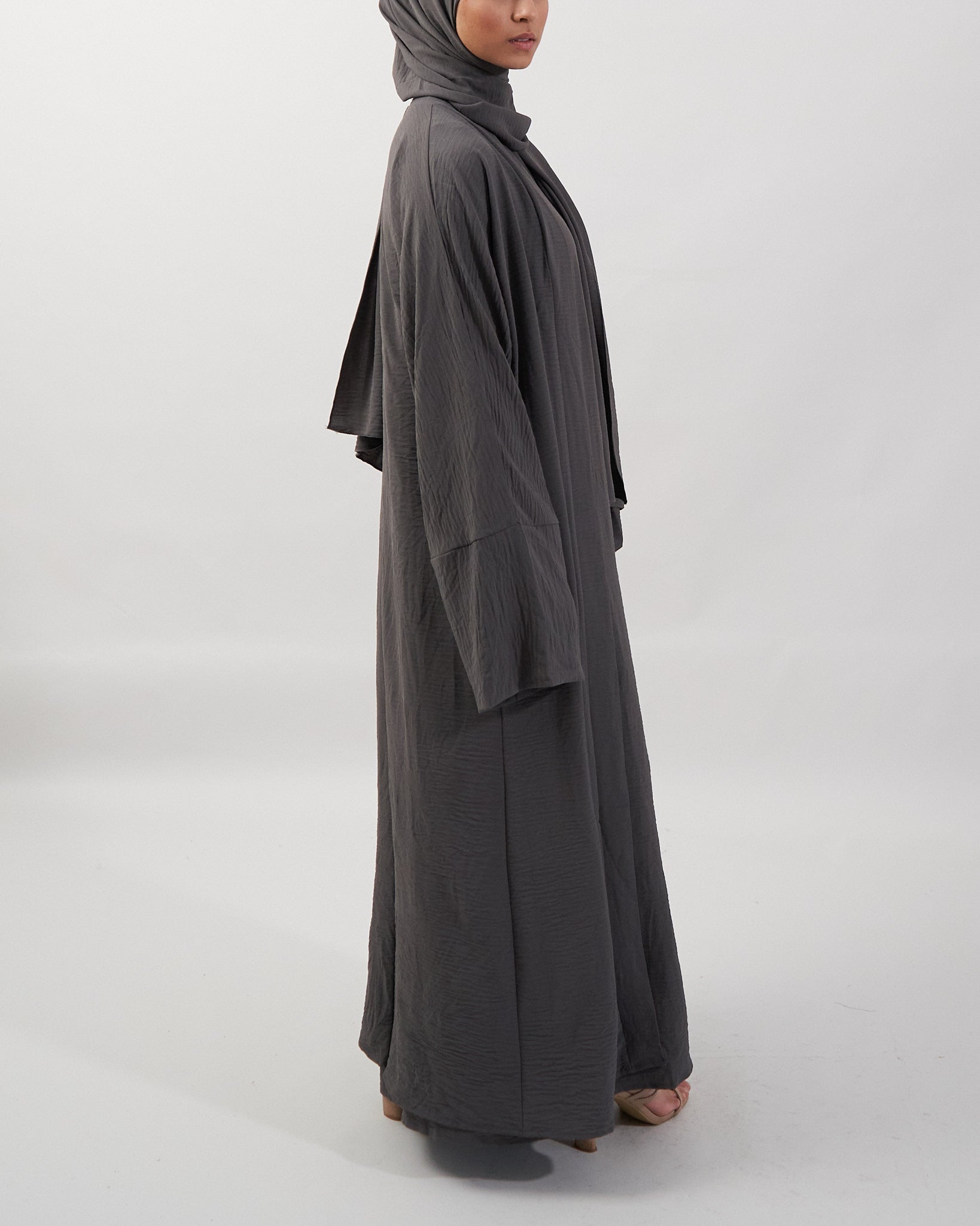 3PC Crinkle Abaya Set - Charcoal Open Abaya Fajr Noor