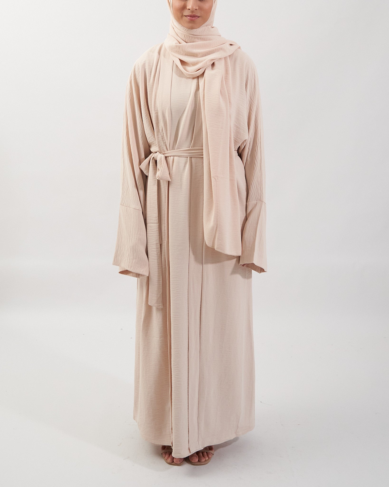 3PC Crinkle Abaya Set - Cream Open Abaya Fajr Noor