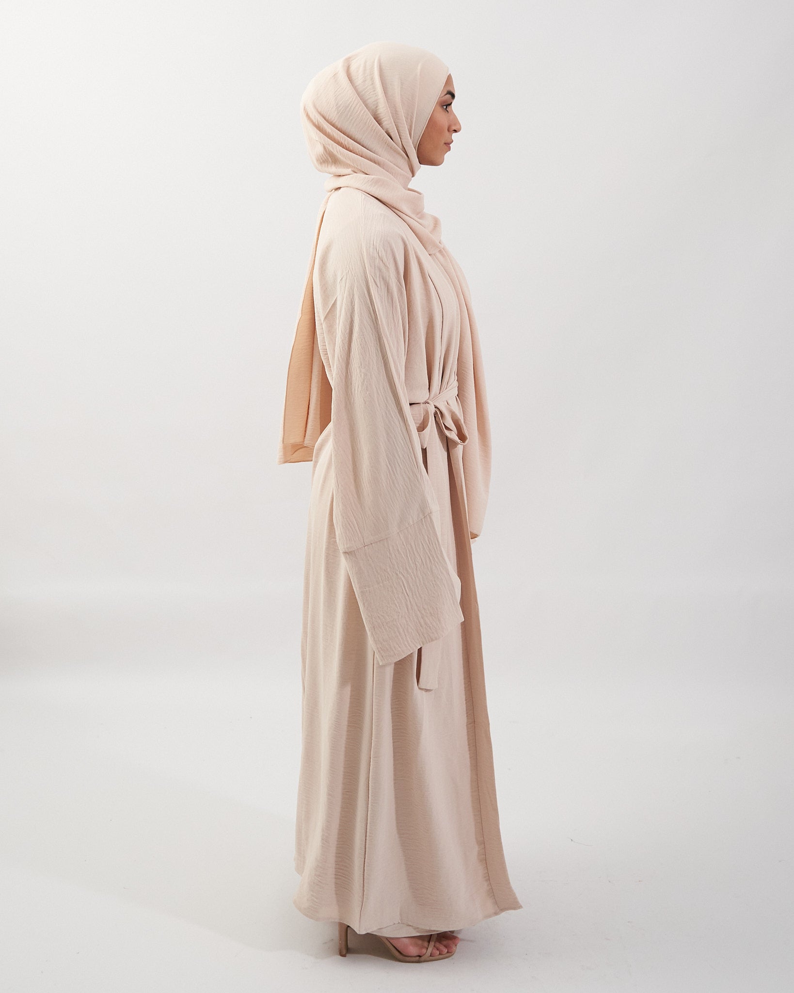 3PC Crinkle Abaya Set - Cream Open Abaya Fajr Noor