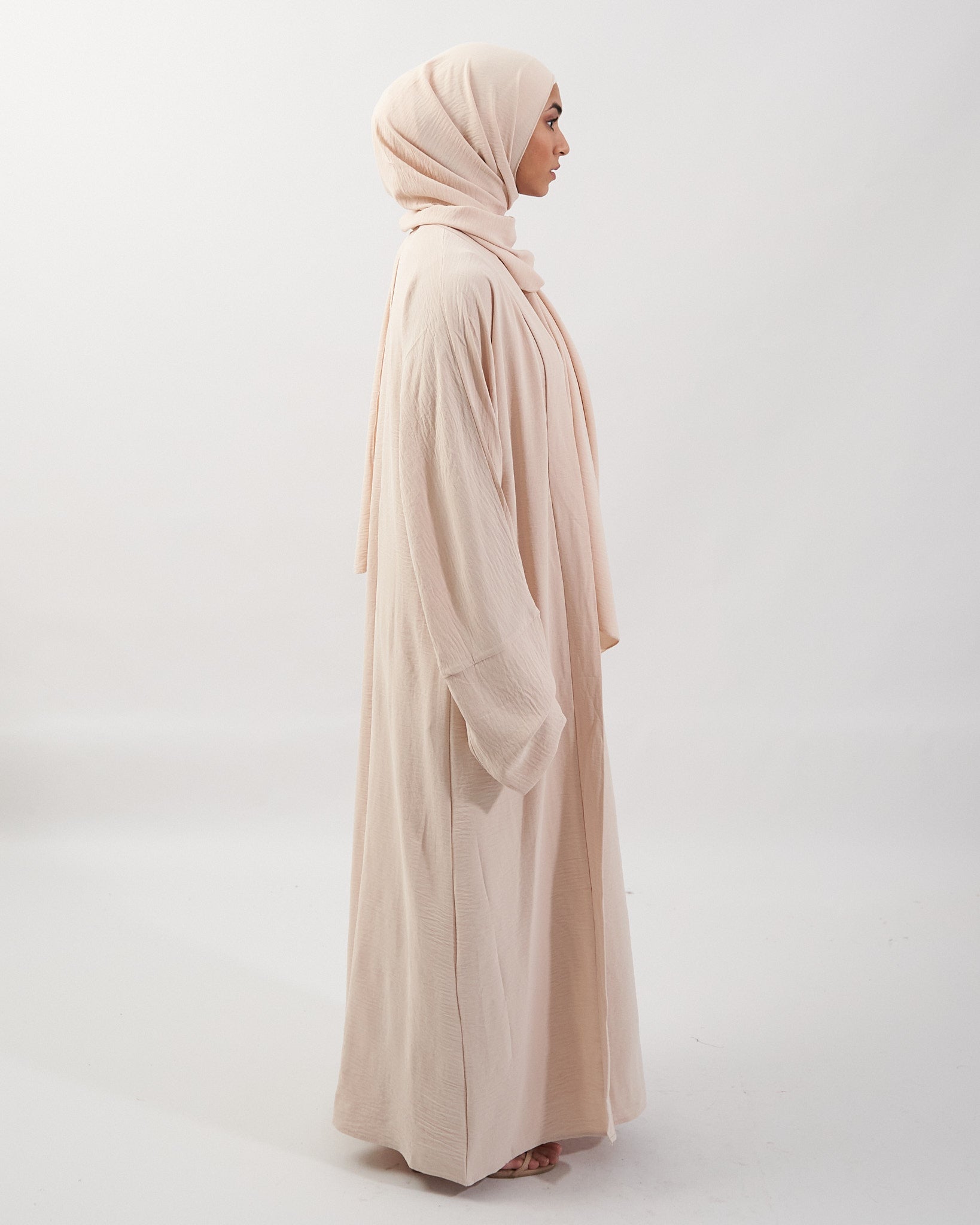 3PC Crinkle Abaya Set - Cream Open Abaya Fajr Noor