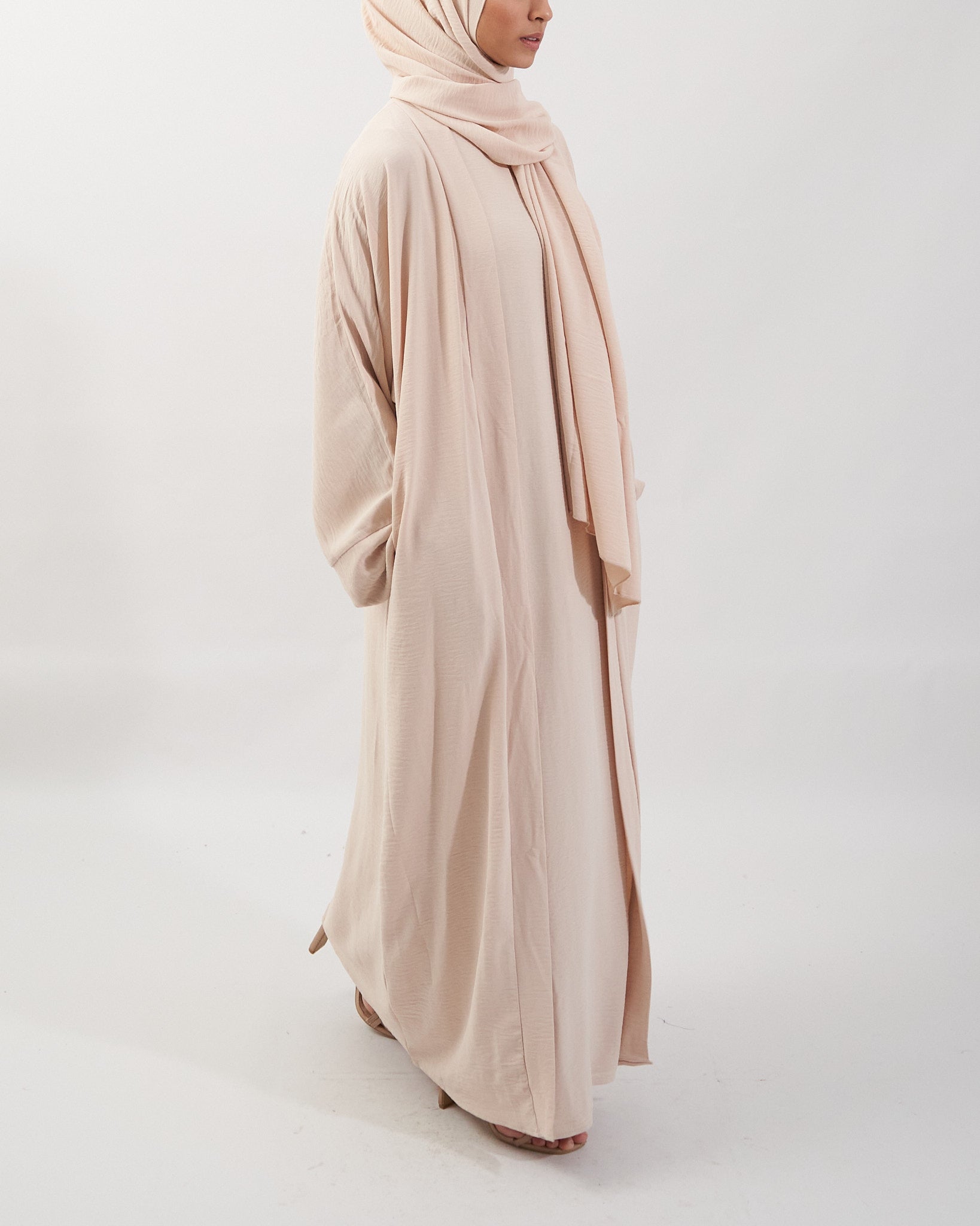 3PC Crinkle Abaya Set - Cream Open Abaya Fajr Noor