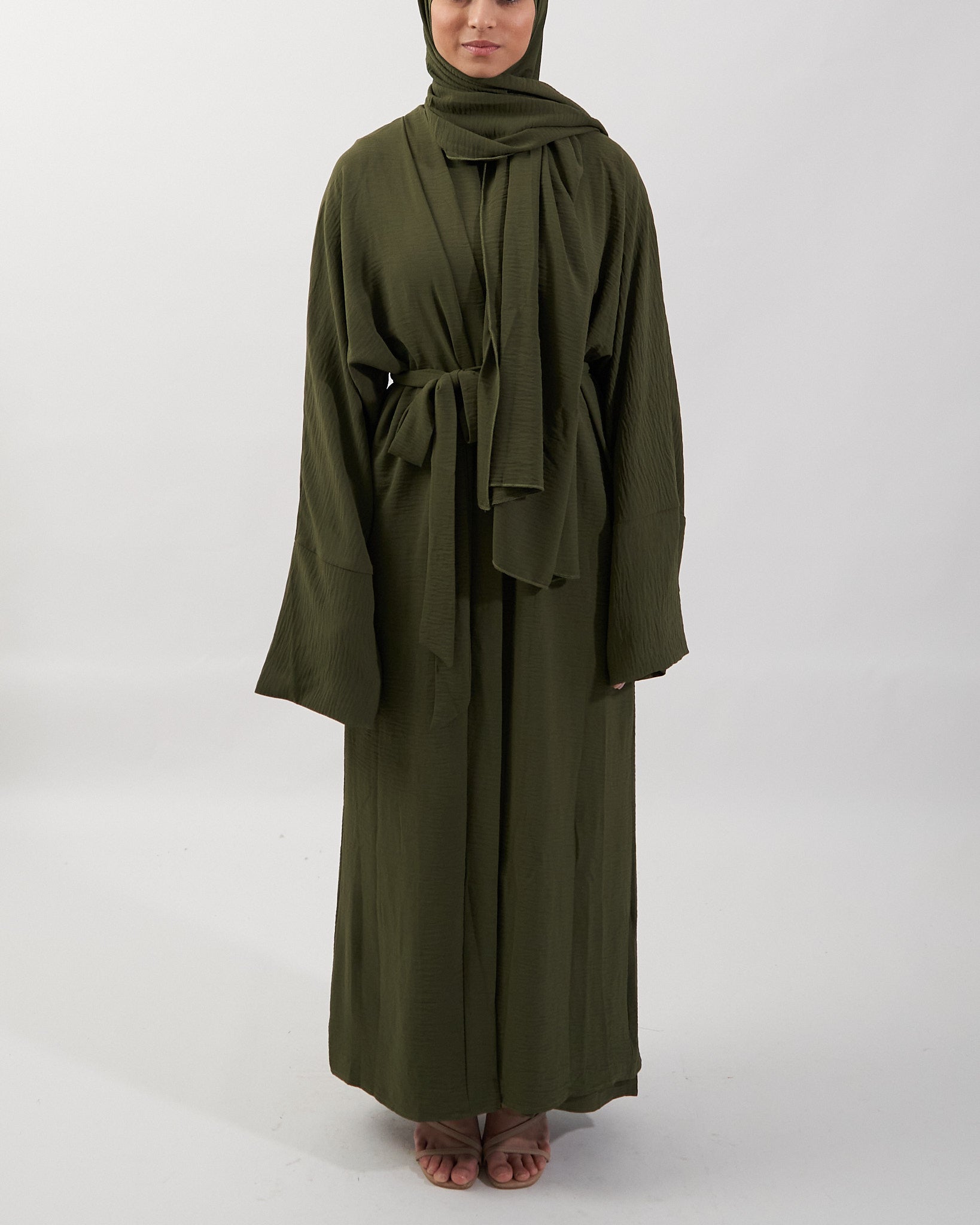 3PC Crinkle Abaya Set - Khaki Open Abaya Fajr Noor