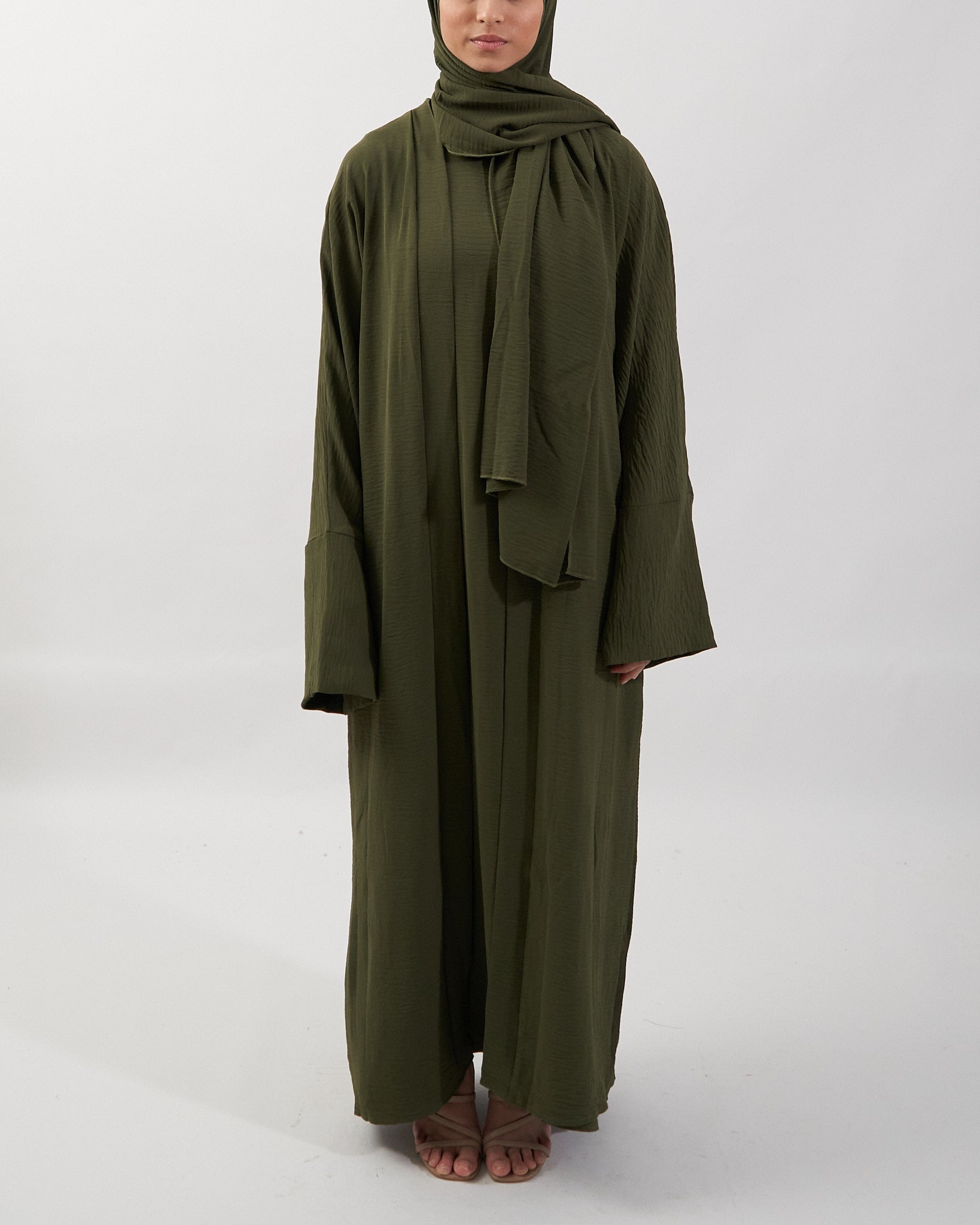 3PC Crinkle Abaya Set - Khaki Open Abaya Fajr Noor