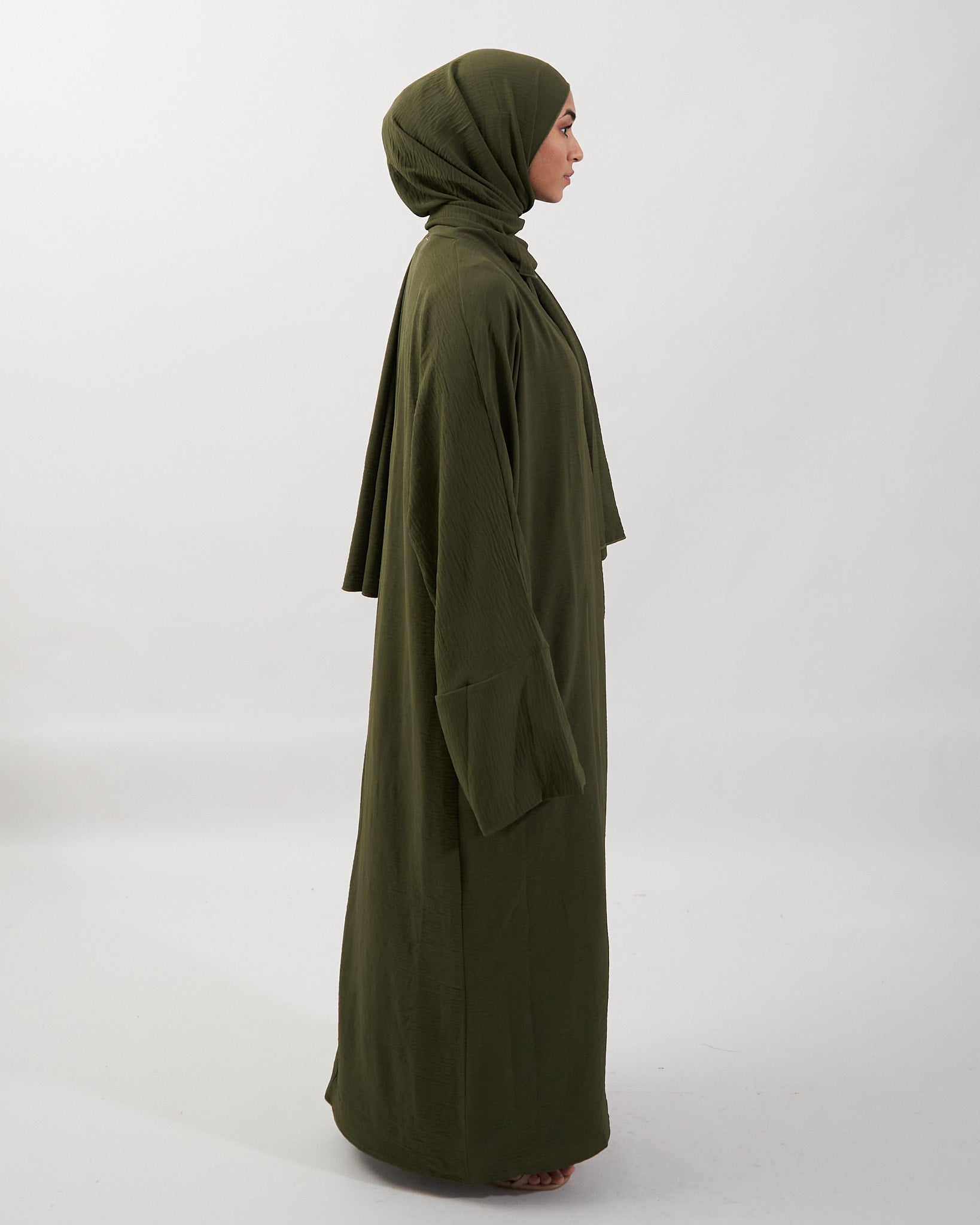 3PC Crinkle Abaya Set - Khaki Open Abaya Fajr Noor