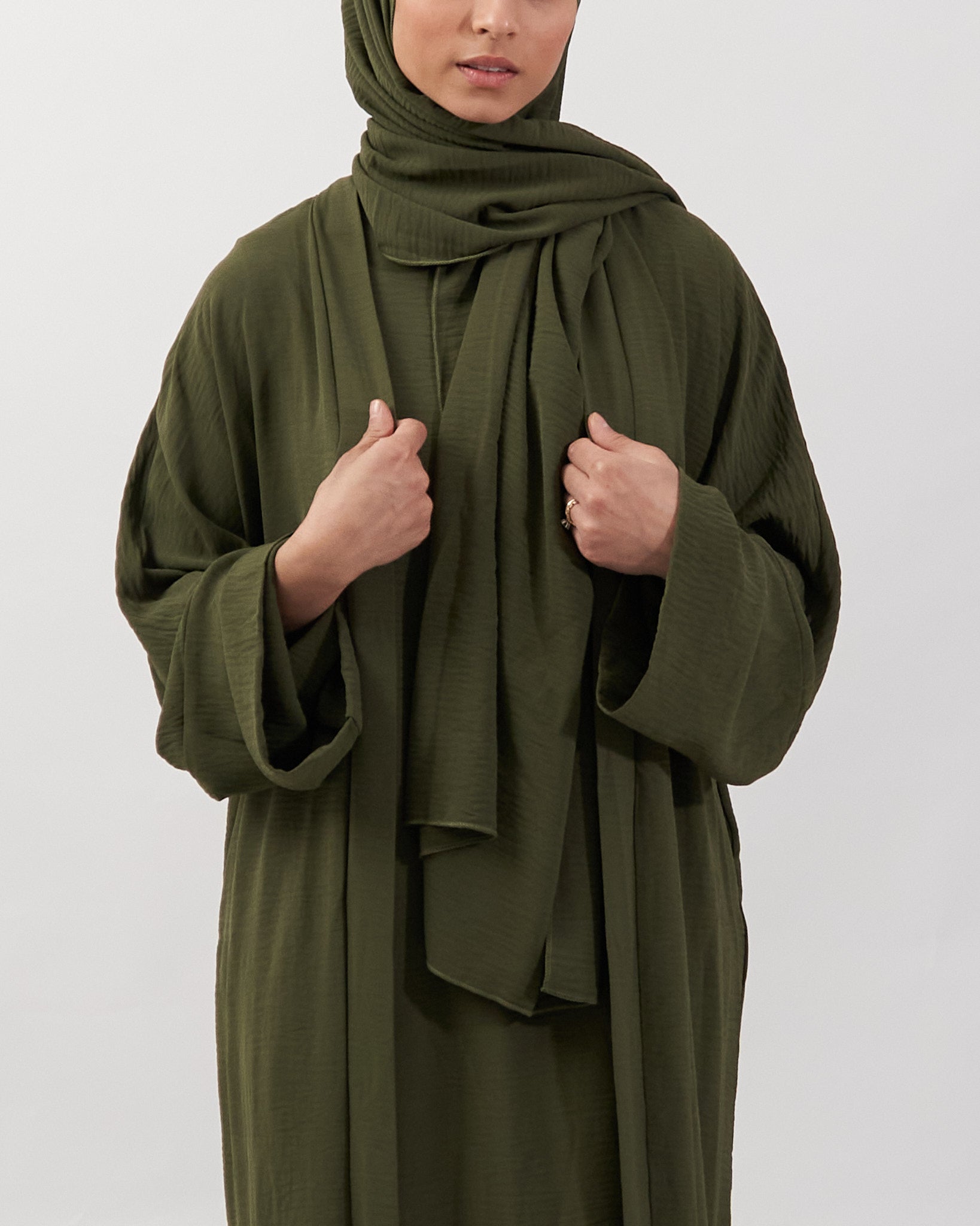 3PC Crinkle Abaya Set - Khaki Open Abaya Fajr Noor S