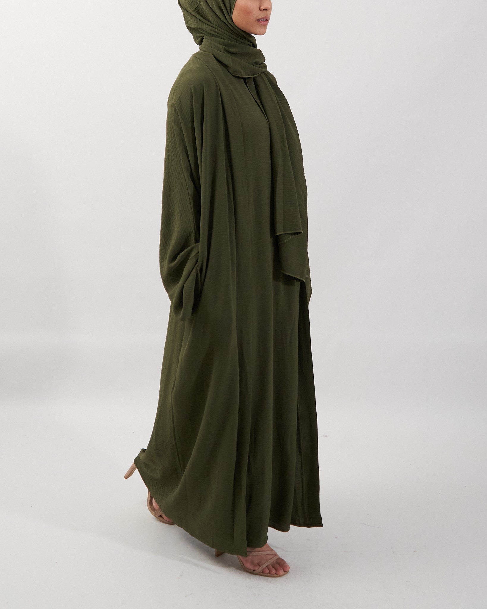 3PC Crinkle Abaya Set - Khaki Open Abaya Fajr Noor