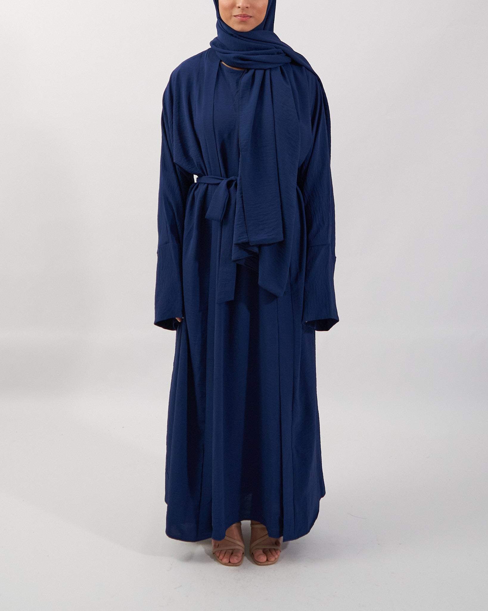 3PC Crinkle Abaya Set - Navy Open Abaya Fajr Noor