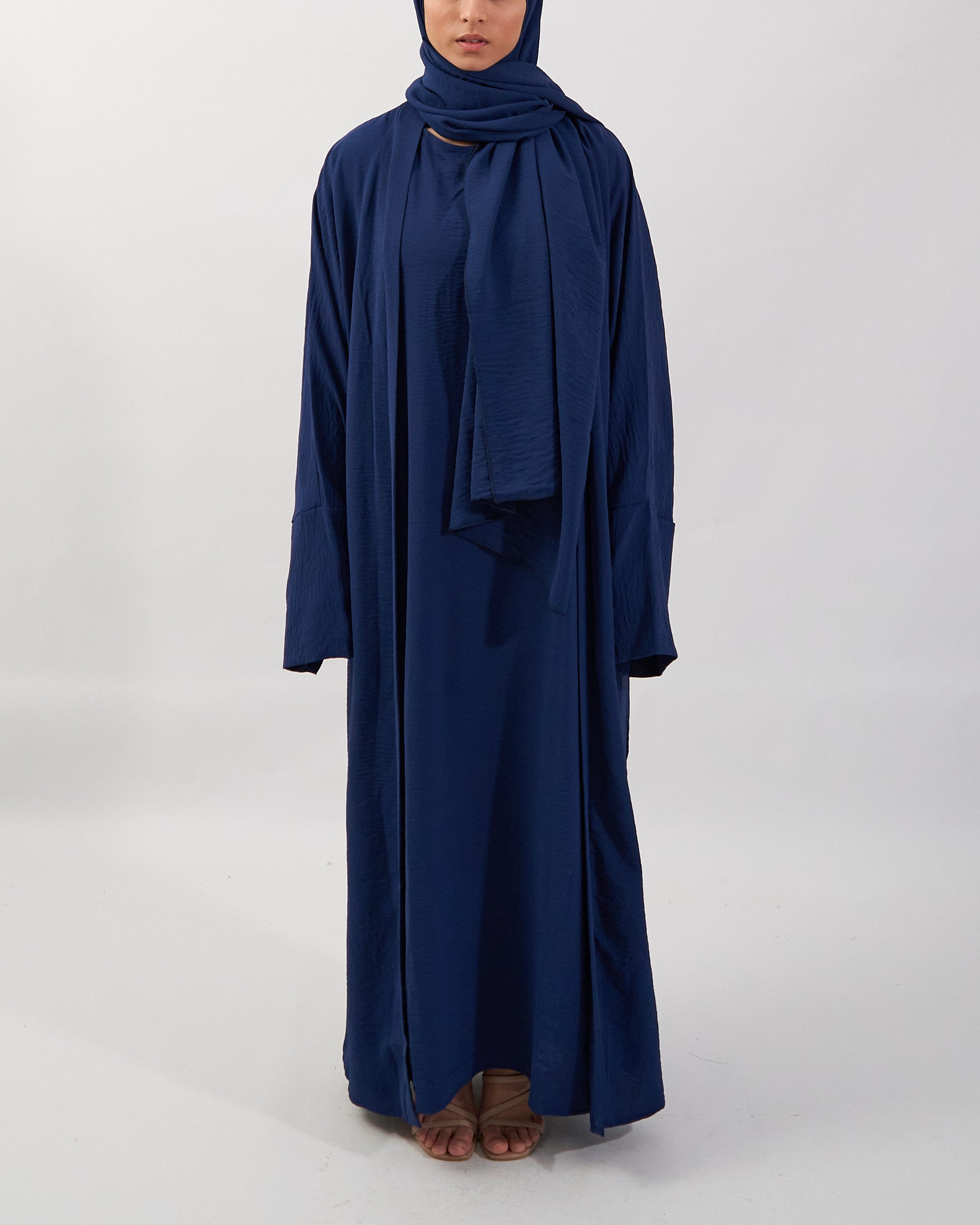 3PC Crinkle Abaya Set - Navy Open Abaya Fajr Noor