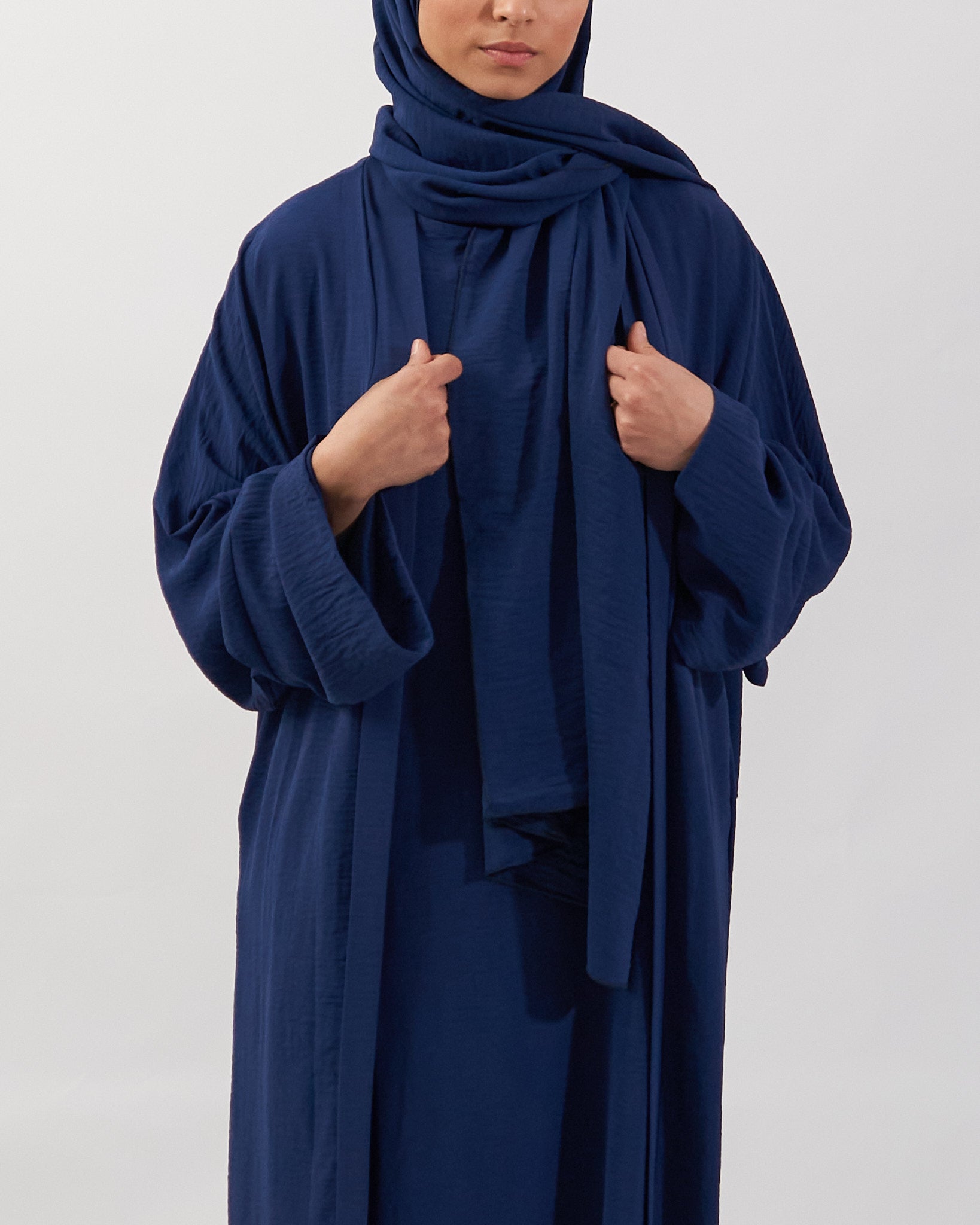 3PC Crinkle Abaya Set - Navy Open Abaya Fajr Noor