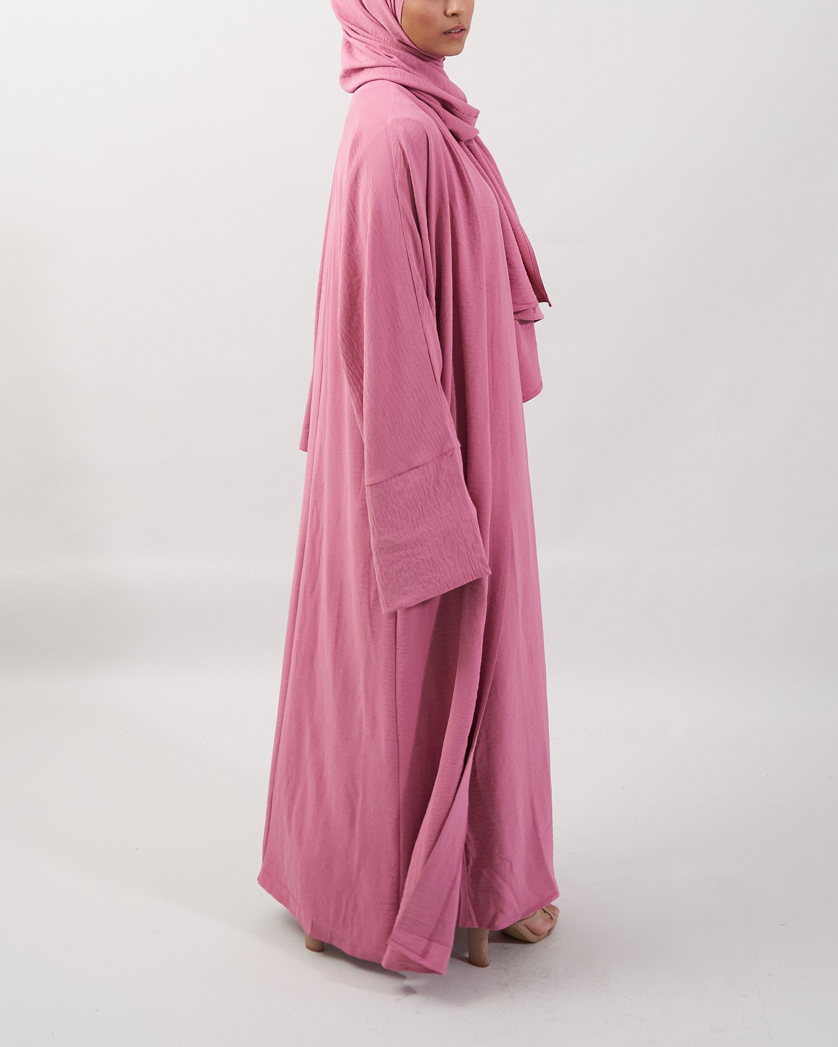 3PC Crinkle Abaya Set - Pink Open Abaya Fajr Noor