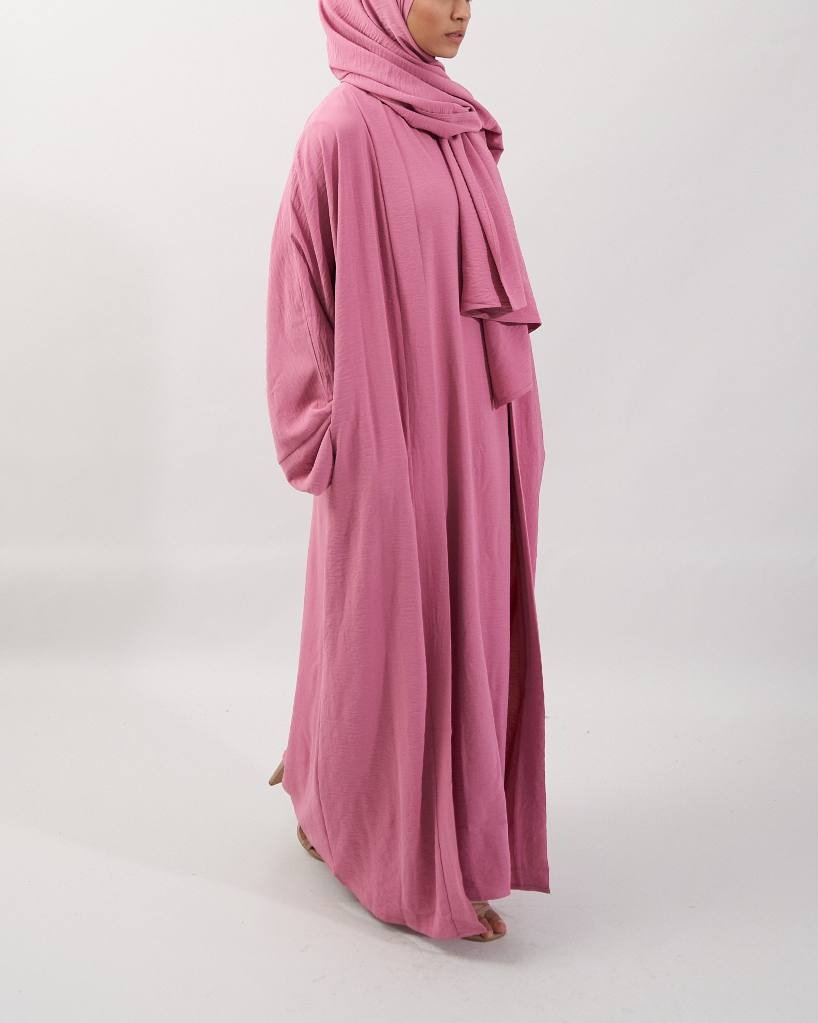 3PC Crinkle Abaya Set - Pink Open Abaya Fajr Noor