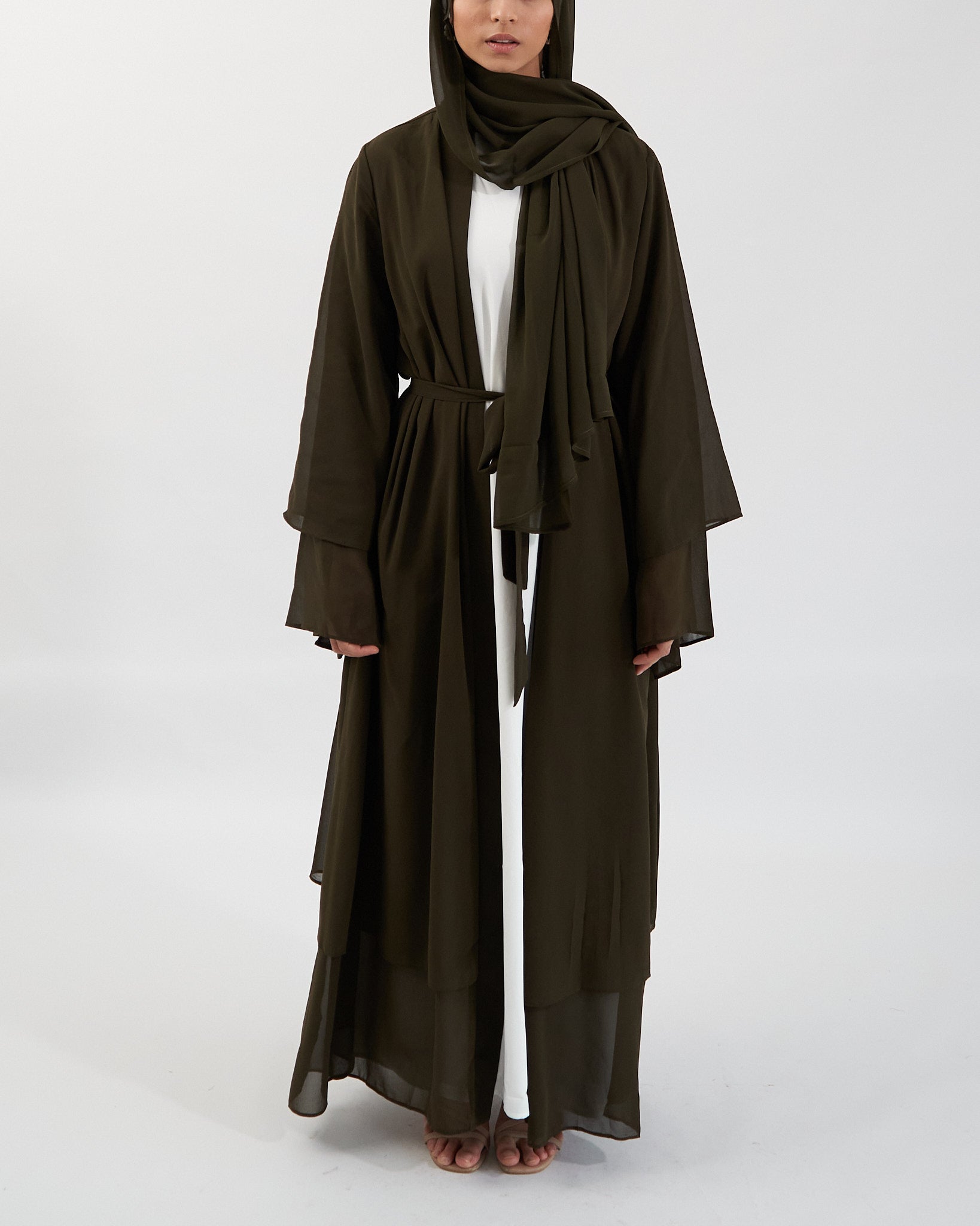 Aisha Abaya with Hijab - Khaki Open Abaya Fajr Noor