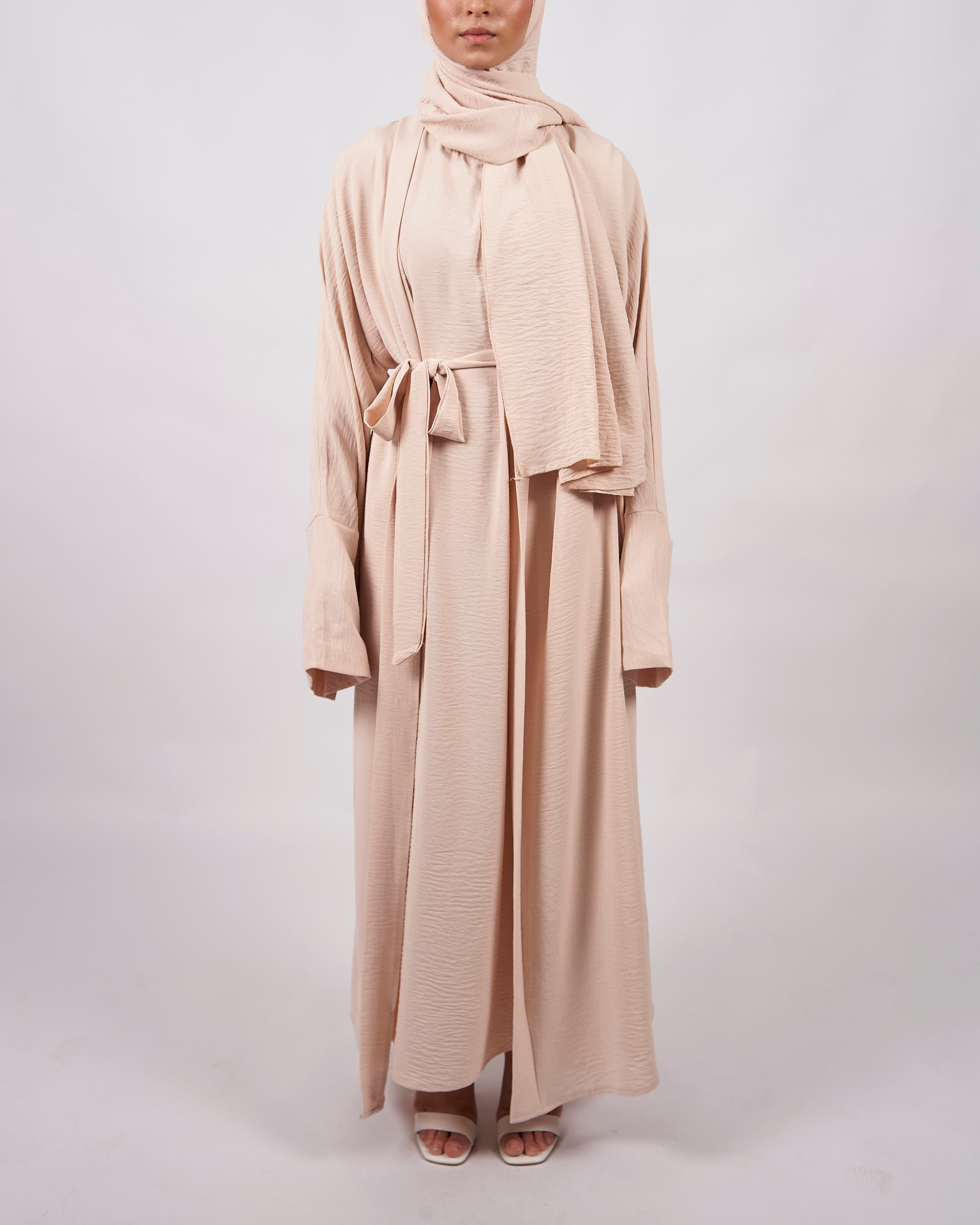 3-teiliges Crinkle-Abaya-Set – Creme