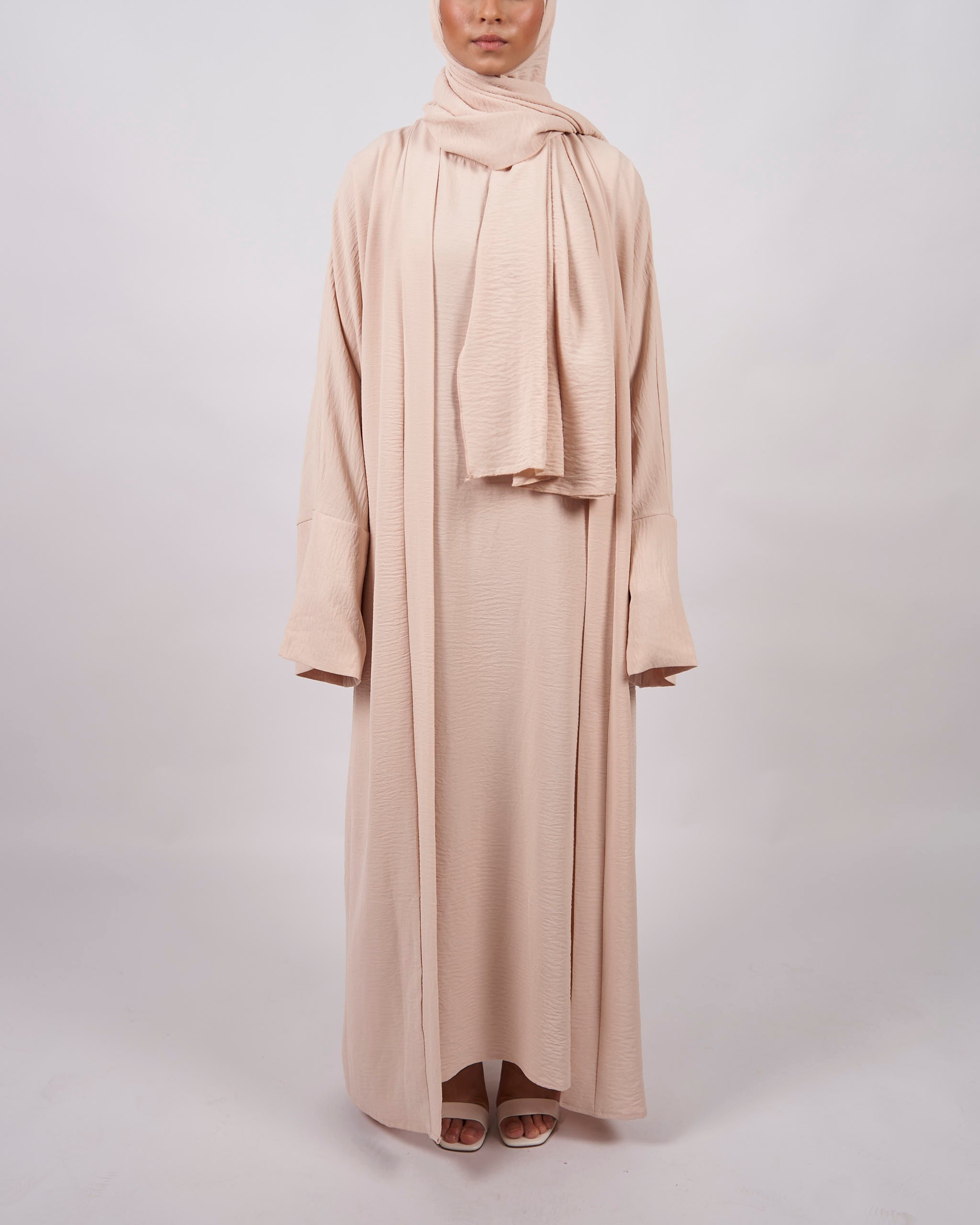 3-teiliges Crinkle-Abaya-Set – Creme