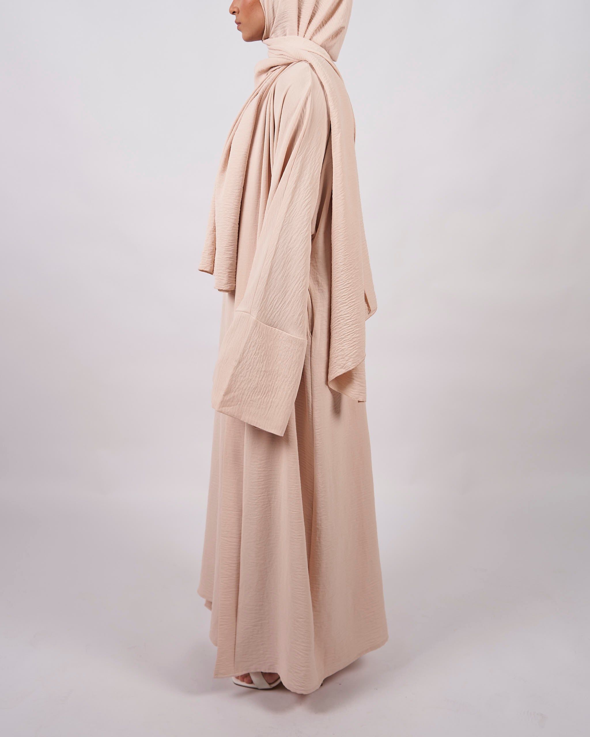 3-teiliges Crinkle-Abaya-Set – Creme