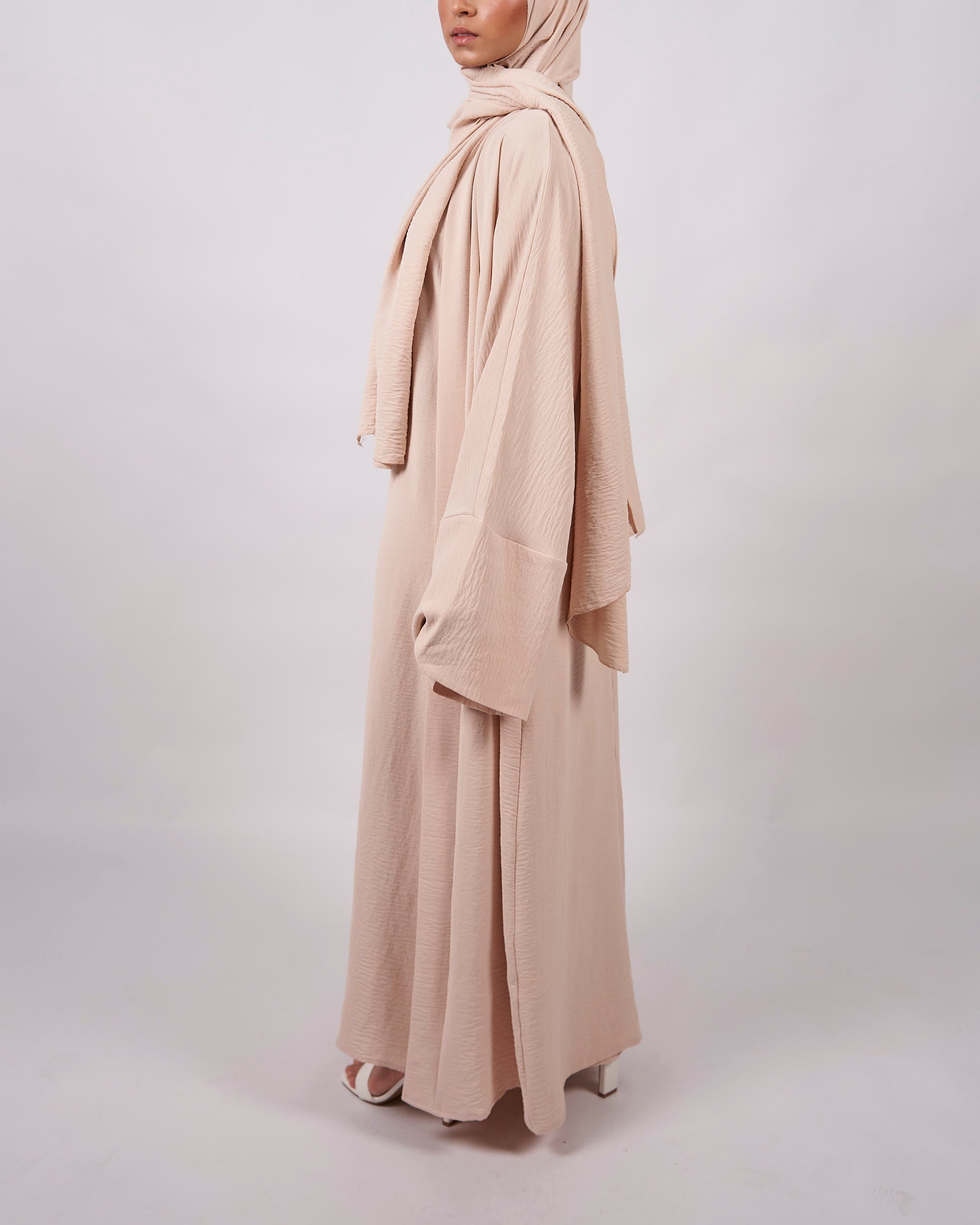 3-teiliges Crinkle-Abaya-Set – Creme