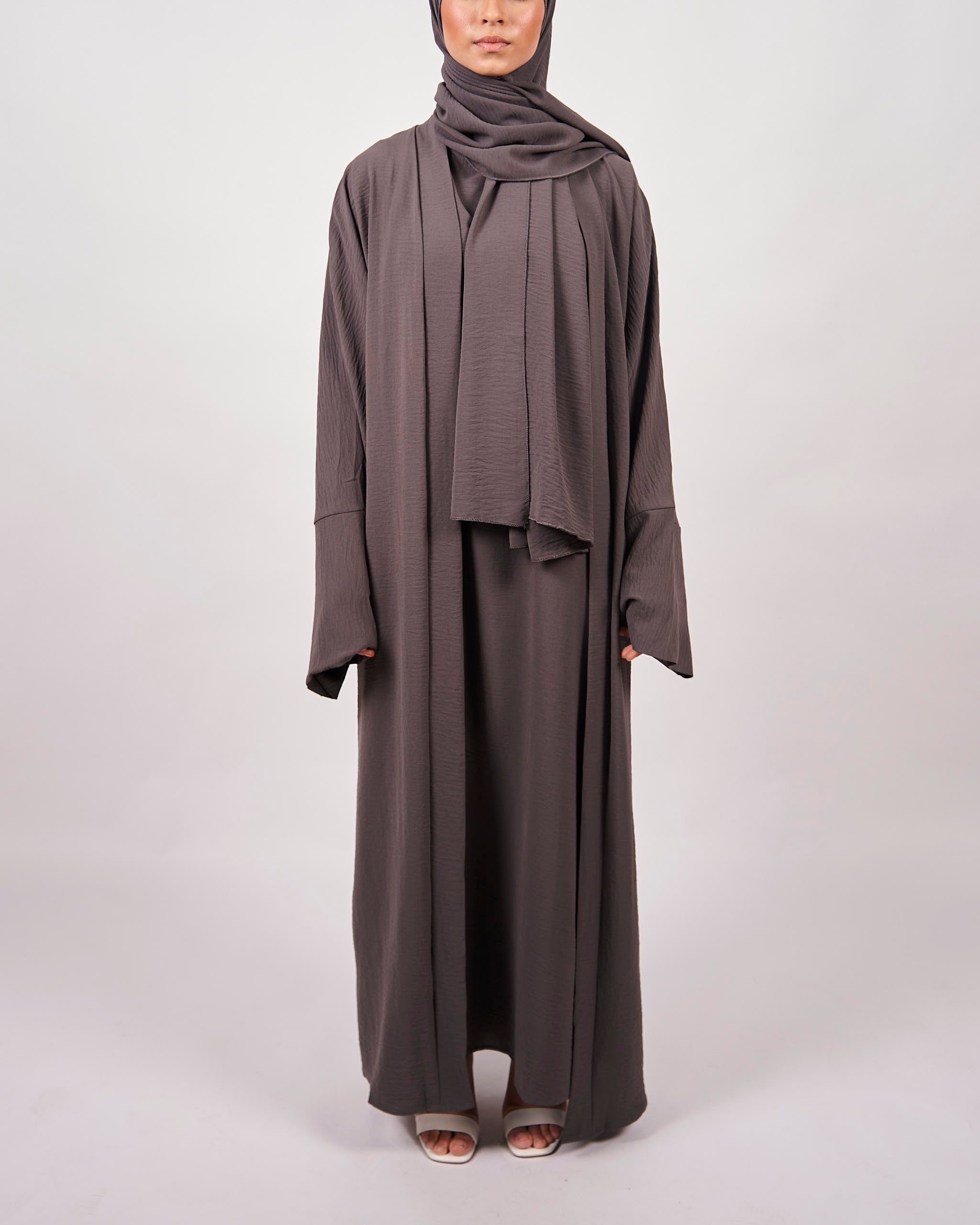 3 Piece Abaya Set - Charcoal - Open Abaya - Fajr Noor