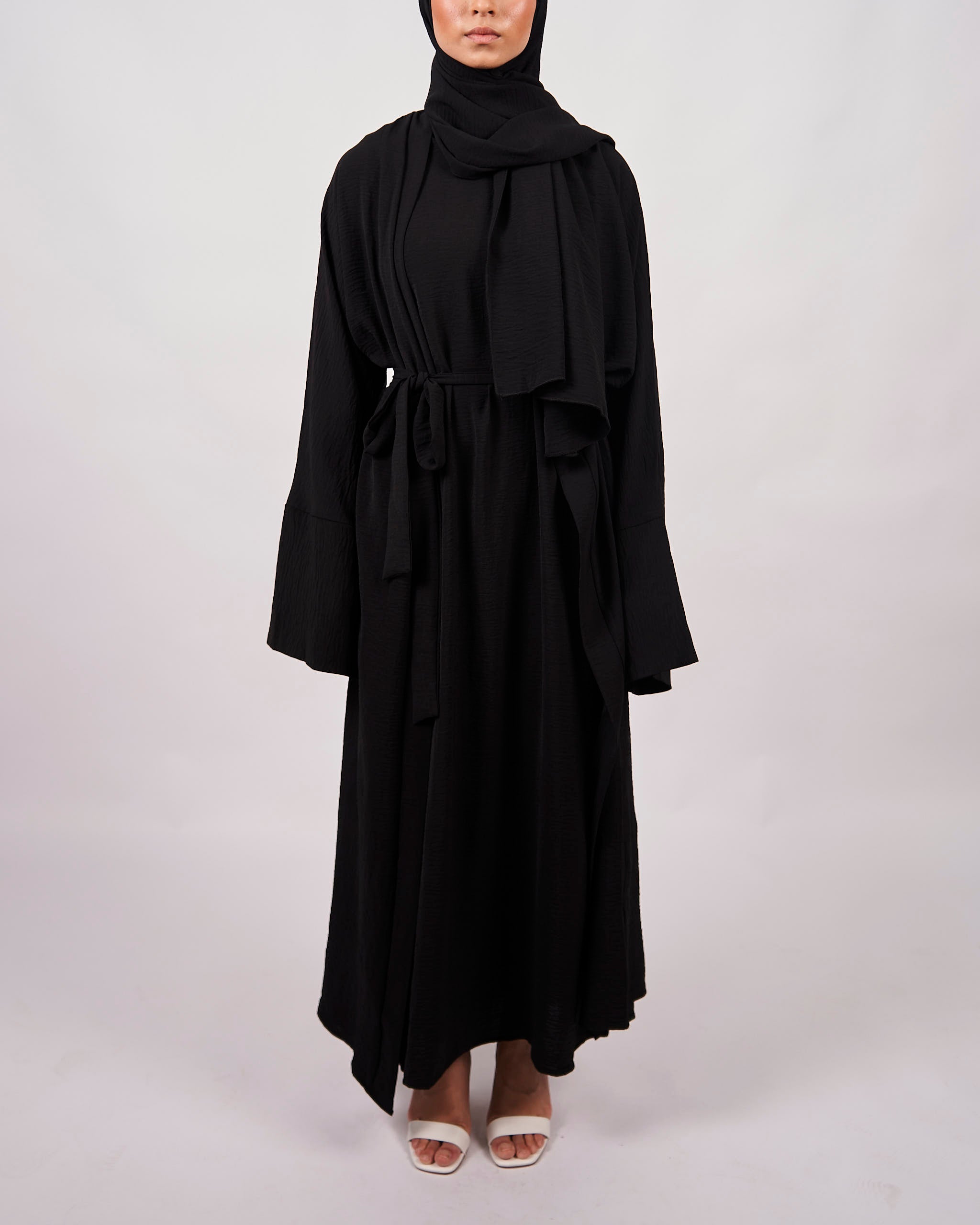 3-teiliges Crinkle-Abaya-Set – Schwarz