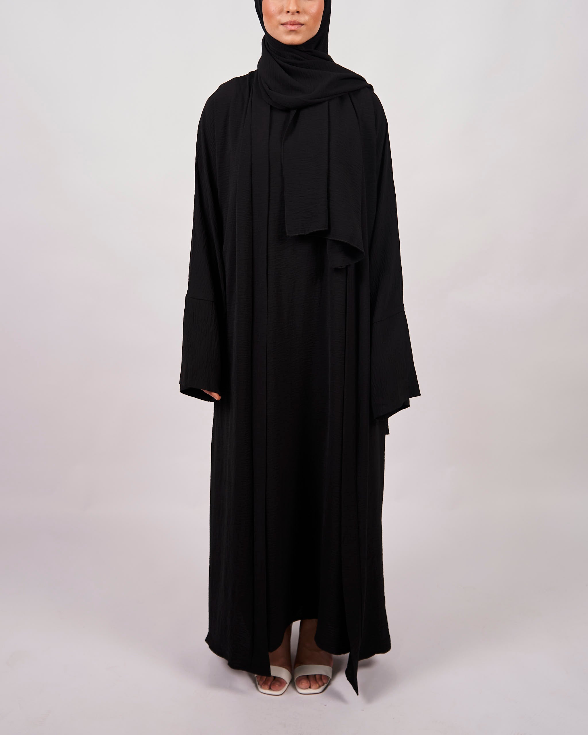 3-teiliges Crinkle-Abaya-Set – Schwarz