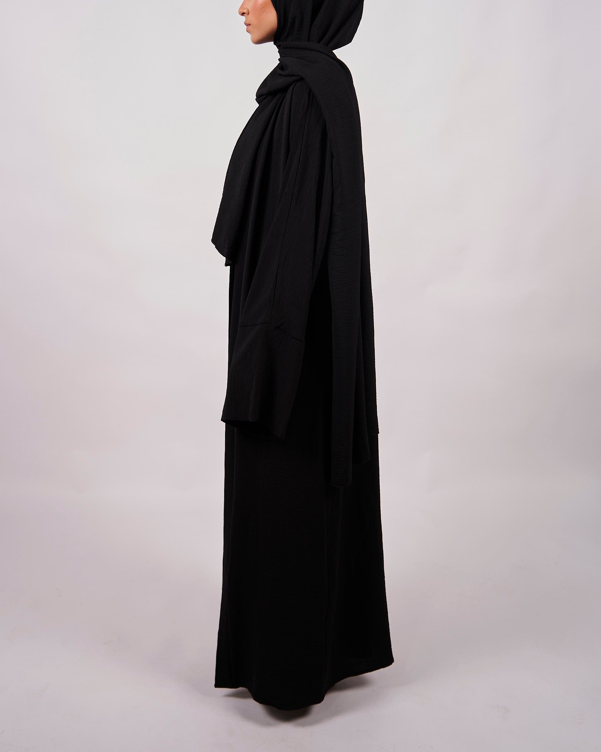 3-teiliges Crinkle-Abaya-Set – Schwarz