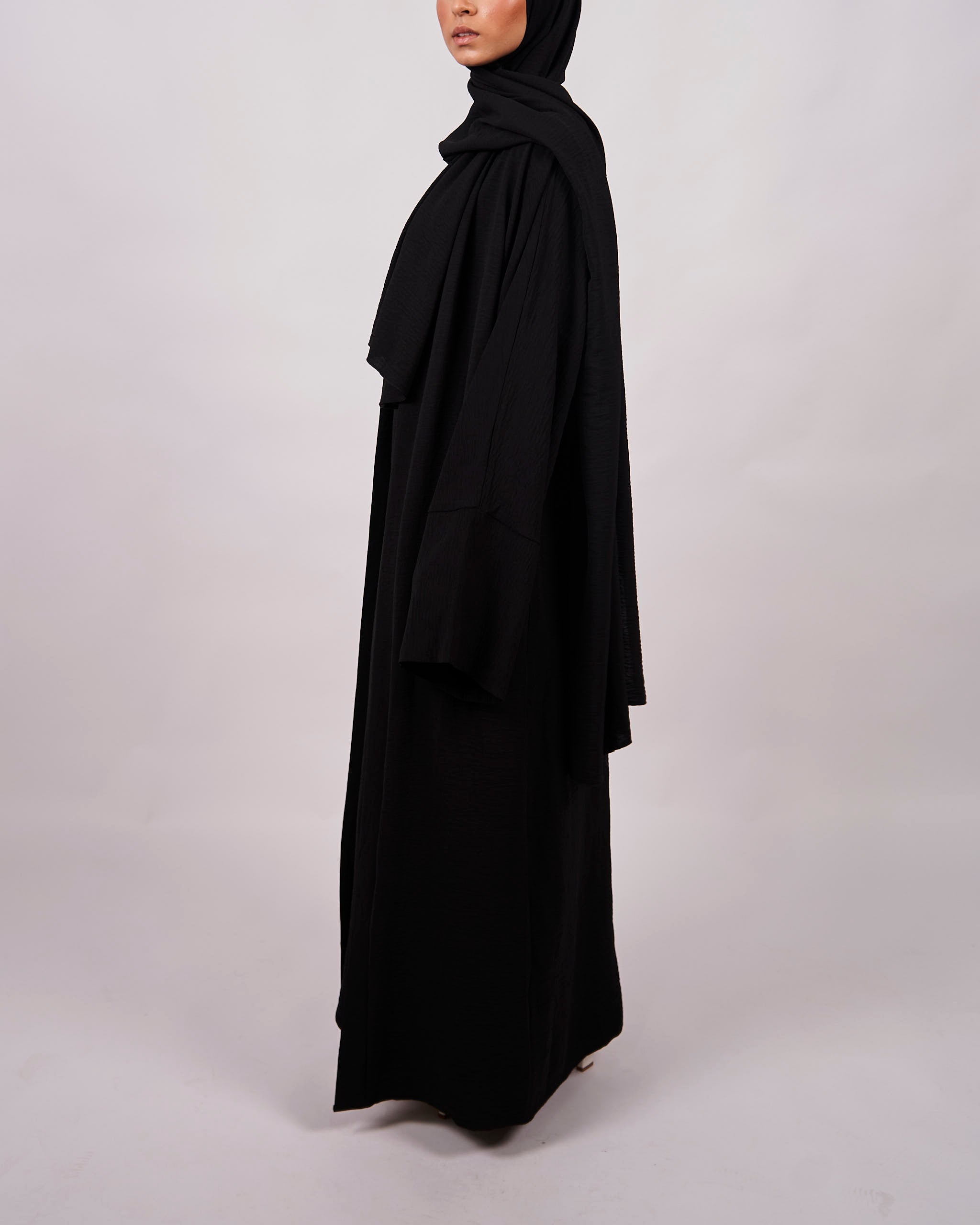 3-teiliges Crinkle-Abaya-Set – Schwarz