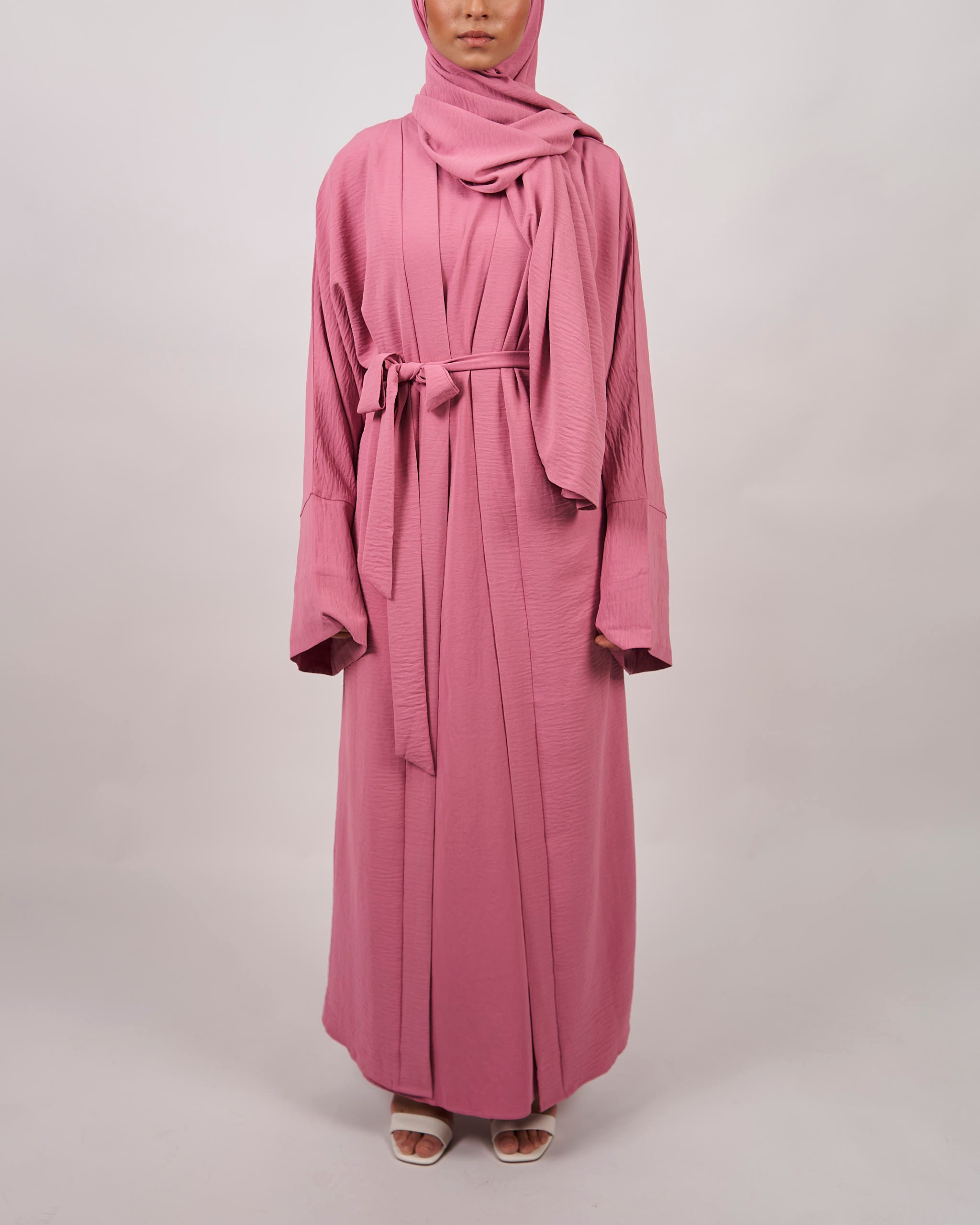 3-teiliges Crinkle-Abaya-Set – Rosa