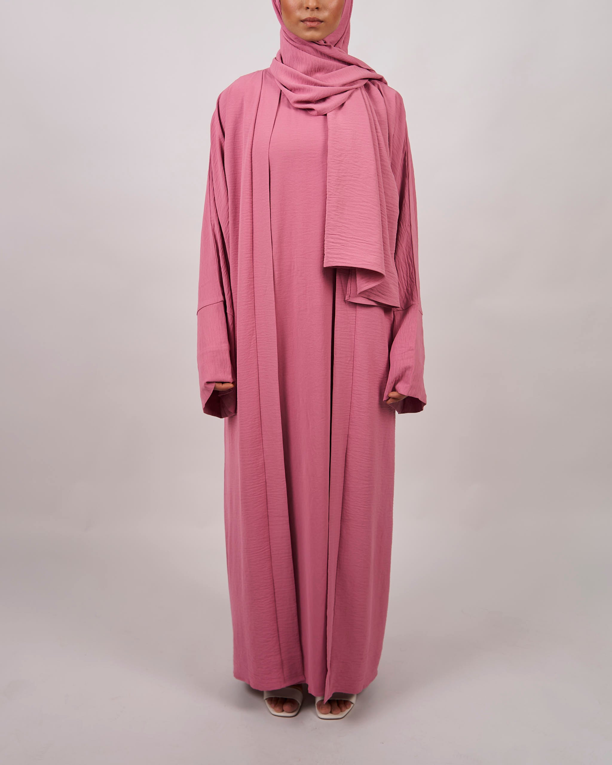 3 Piece Abaya Set - Pink - Open Abaya - Fajr Noor