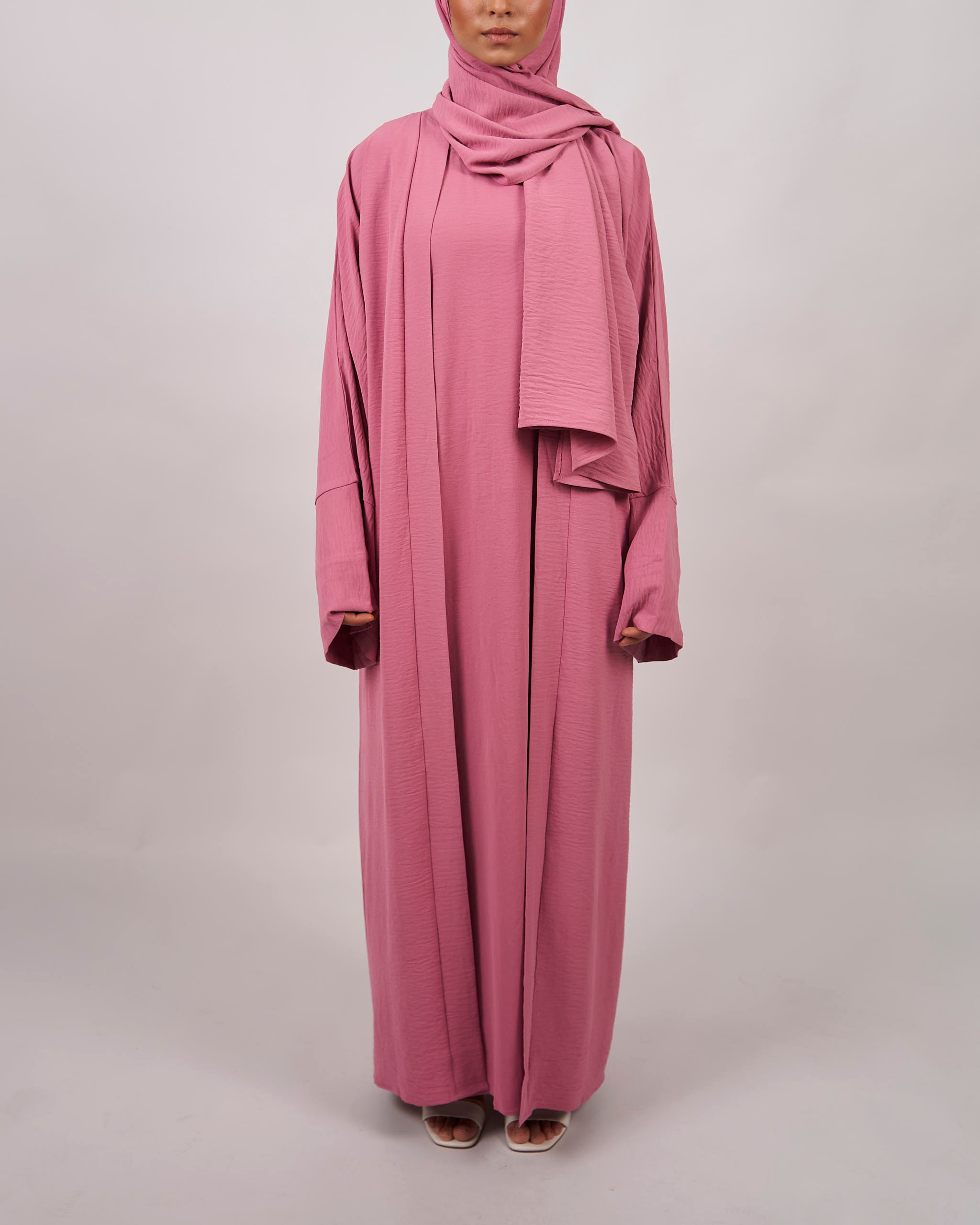 3-teiliges Crinkle-Abaya-Set – Rosa