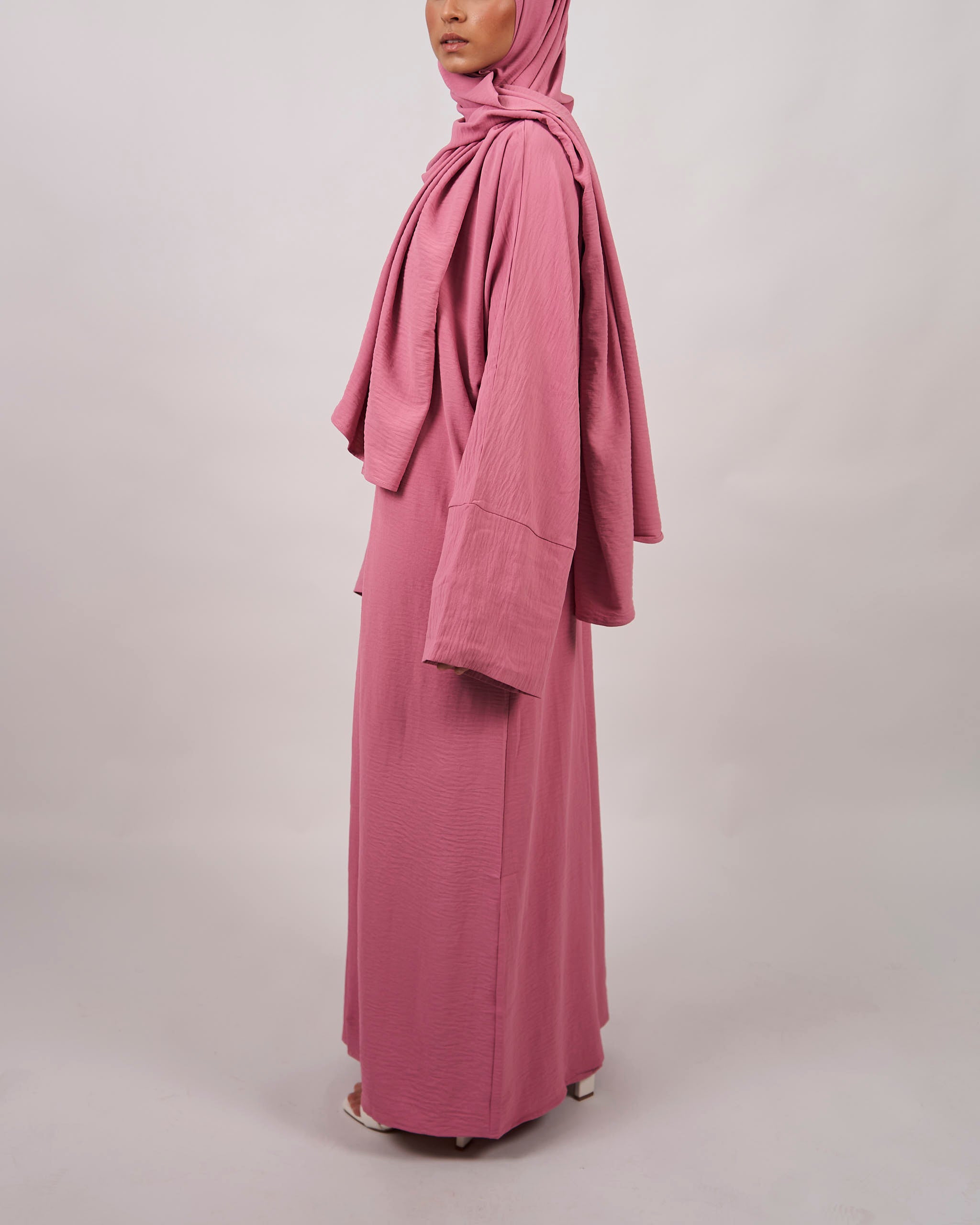 3-teiliges Crinkle-Abaya-Set – Rosa
